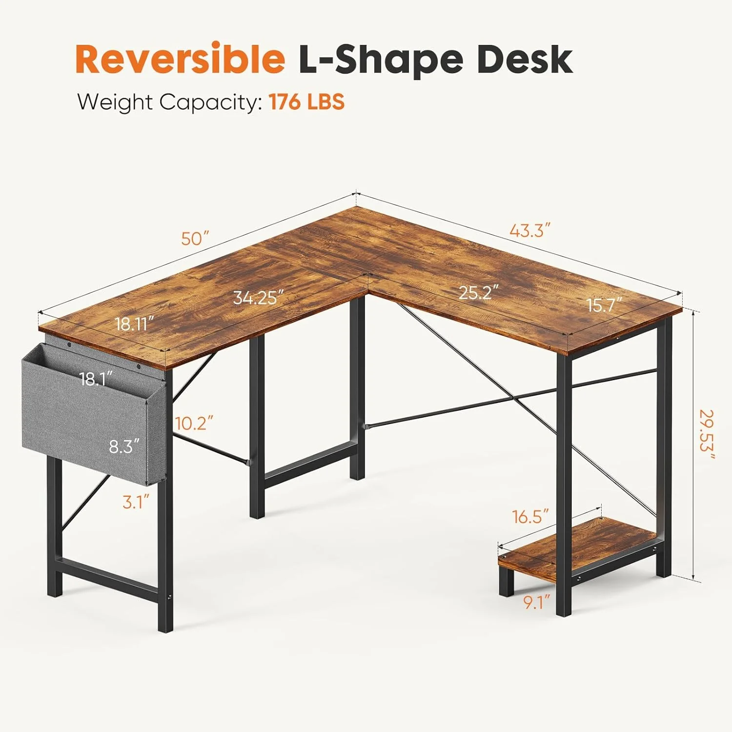 NEW - Sweetcrispy L Shaped Computer Desk - Gaming Table Corner Desk 50 Inch PC Writing Desk Study Desks with Wooden Desktop CPU Stand Side Bag Reversible for Home Office Dorm Small Space, Rustic - Retail $69 - Image 2