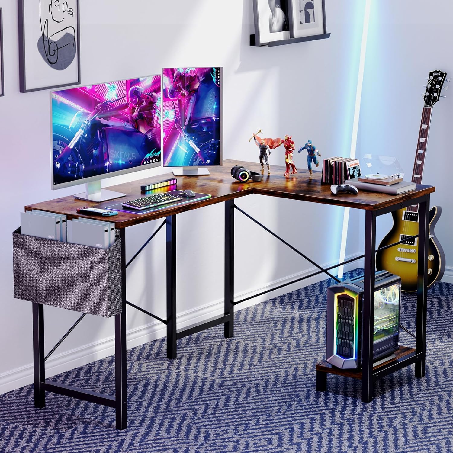 NEW - Sweetcrispy L Shaped Computer Desk - Gaming Table Corner Desk 50 Inch PC Writing Desk Study Desks with Wooden Desktop CPU Stand Side Bag Reversible for Home Office Dorm Small Space, Rustic - Retail $69 - Image 3