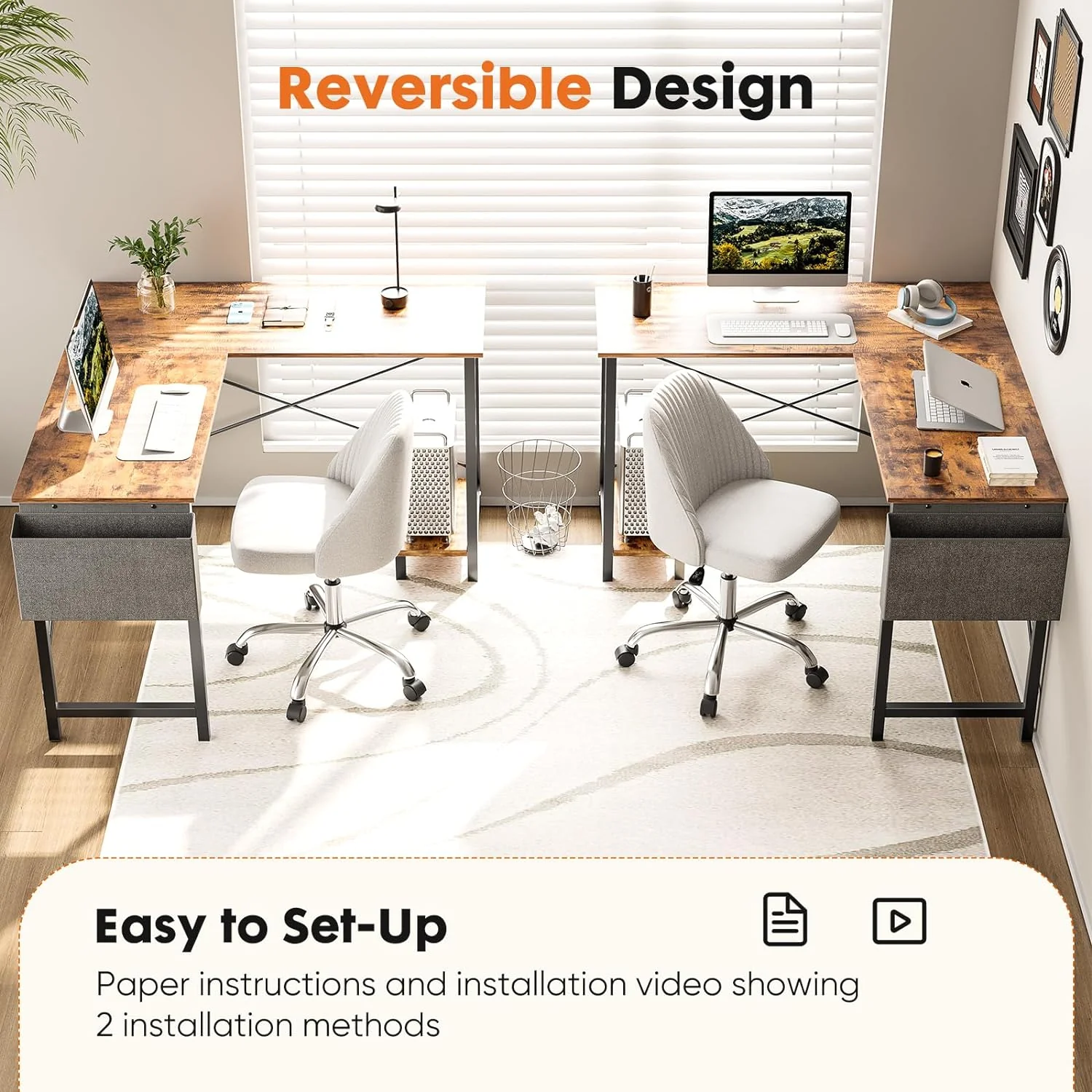 NEW - Sweetcrispy L Shaped Computer Desk - Gaming Table Corner Desk 50 Inch PC Writing Desk Study Desks with Wooden Desktop CPU Stand Side Bag Reversible for Home Office Dorm Small Space, Rustic - Retail $69 - Image 4