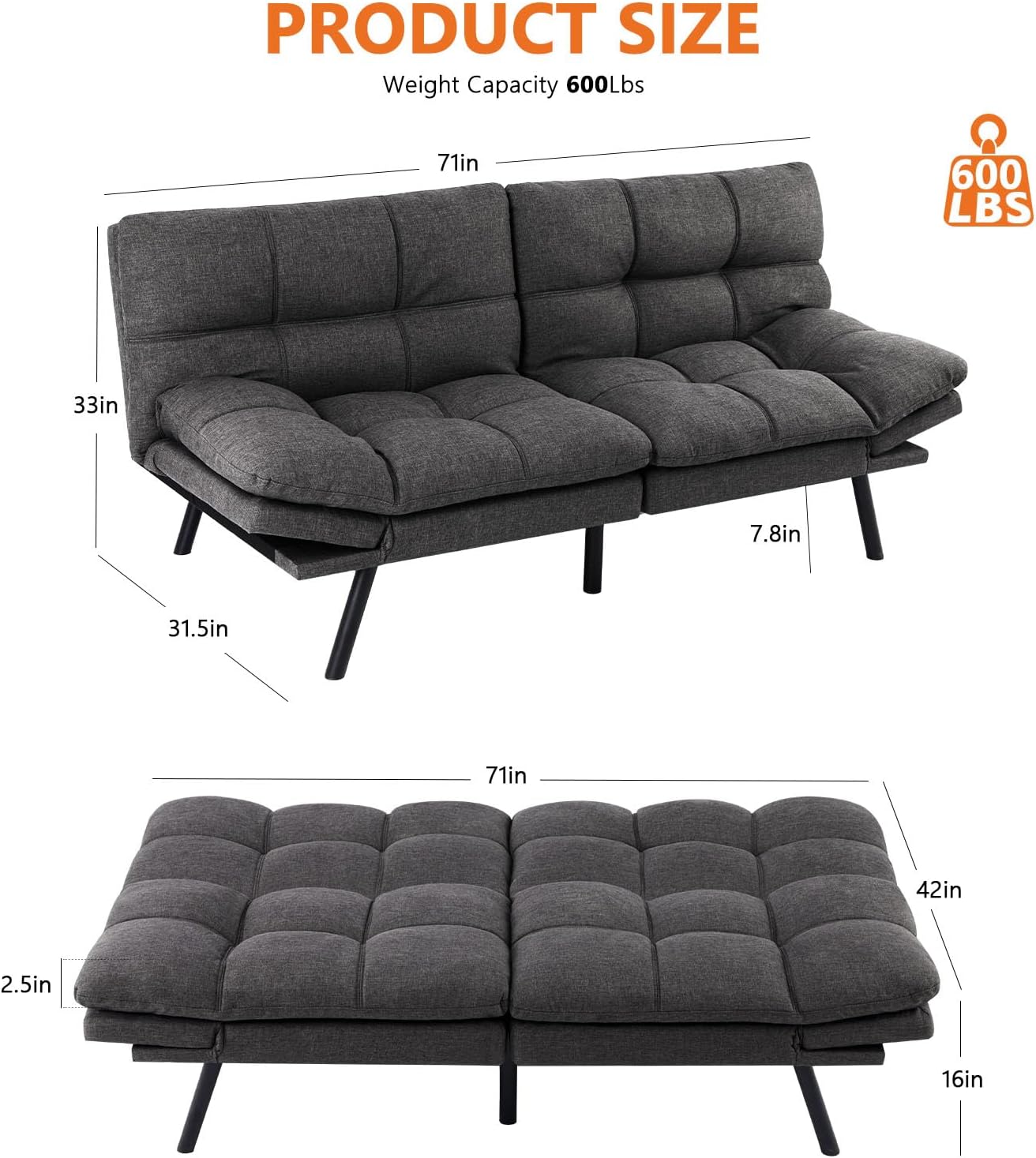 NEW - Sweetcrispy Sofa Bed Couch, Loveseat Sleeper Futon for Living Room, Foldable Memory Foam Furniture, Convertible Full Size Sofa, Adjustable Backrest and Armrests,Linen, Grey - Retail $291 - Image 2