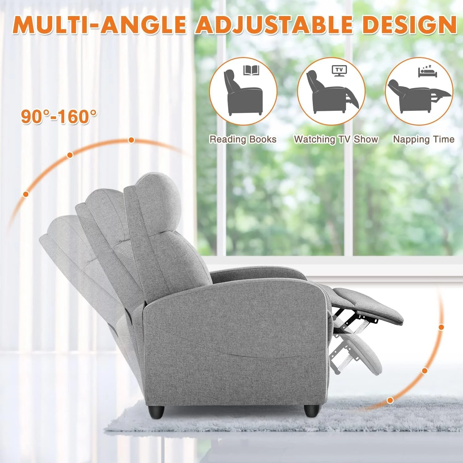 NEW - Sweetcrispy Recliner Chair for Adults, Massage Fabric Small Recliner Home Theater Seating with Lumbar Support, Adjustable Modern Reclining Chair with Padded Seat Backrest for Living Room (Deep Grey) - Retail $107 - Image 3