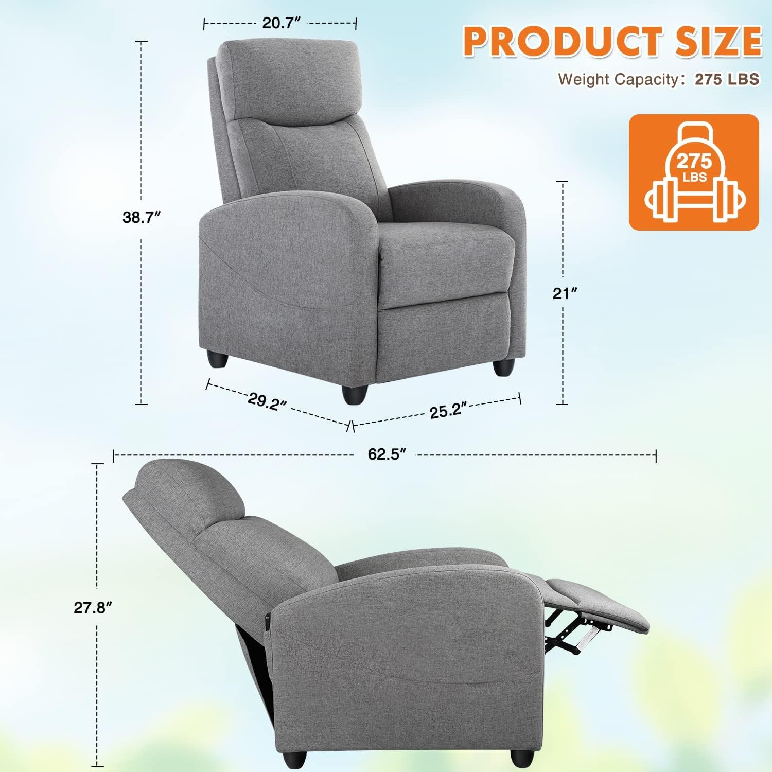 NEW - Sweetcrispy Recliner Chair for Adults, Massage Fabric Small Recliner Home Theater Seating with Lumbar Support, Adjustable Modern Reclining Chair with Padded Seat Backrest for Living Room (Deep Grey) - Retail $107 - Image 4