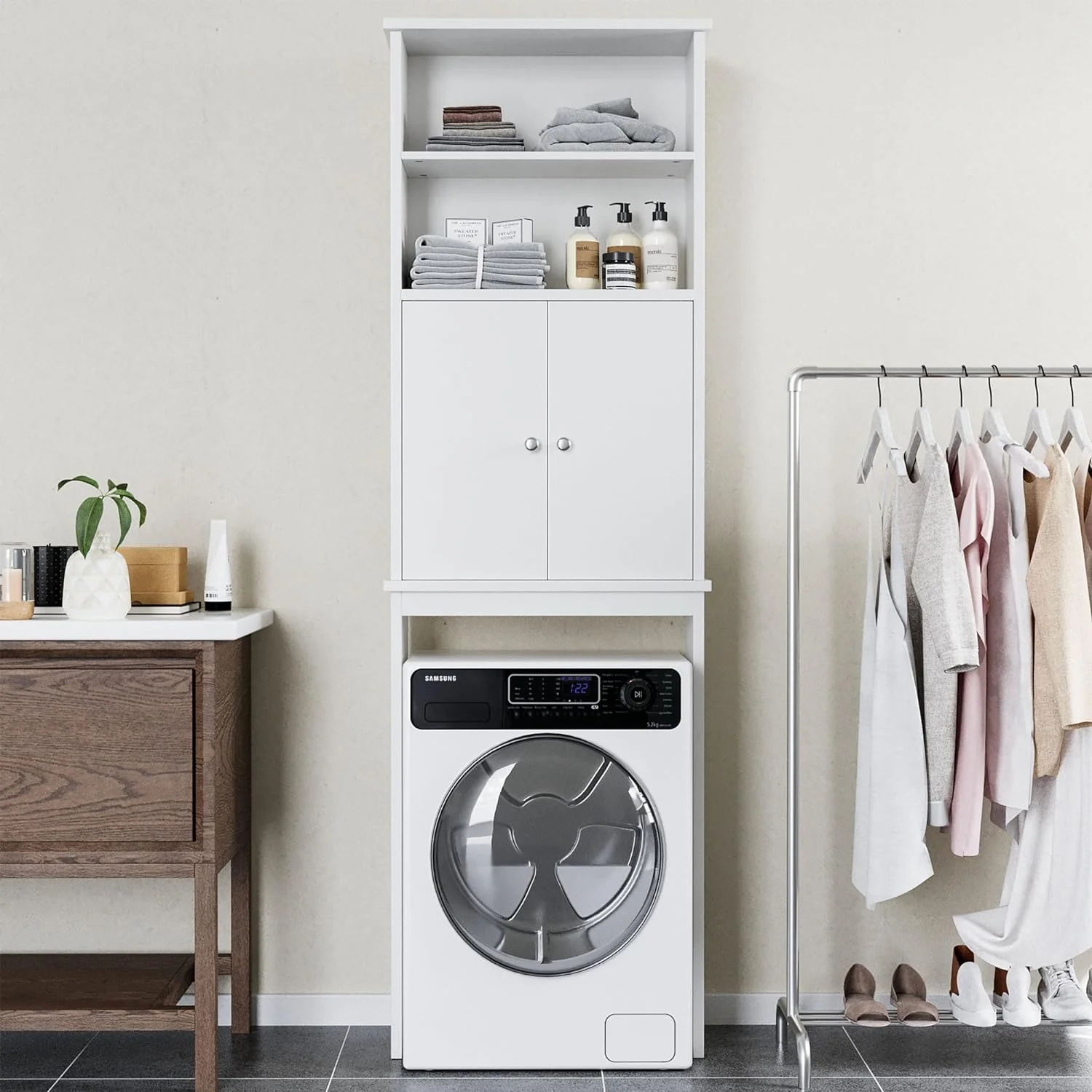 Shintenchi Over The Toilet Storage Cabinet, Bathroom Above The Toilet Rack, Bathroom Adjustable Shelf Organizer with Open Bottom Bar and Anti-Tip Device, White - Retail $81 - Image 4