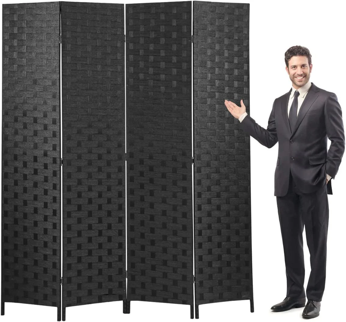 Room Divider 4 Panel 6ft Tall, Wood Folding Room Divider Screens Wood Mesh Hand-Woven, Black, WS180, 17.73 x 17.73 x 70.92 inches - Retail $70