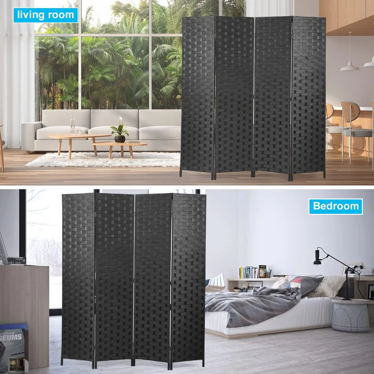 Room Divider 4 Panel 6ft Tall, Wood Folding Room Divider Screens Wood Mesh Hand-Woven, Black, WS180, 17.73 x 17.73 x 70.92 inches - Retail $70 - Image 5