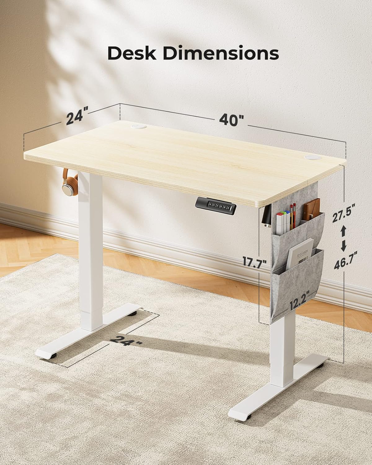 NEW - Marsail Standing Desk Adjustable Height, Electric Standing Desk, Stand up Desk with Storage Bag,Headphone Hook for Computer Workstations Desk Memory Preset - Retail $179 - Image 3