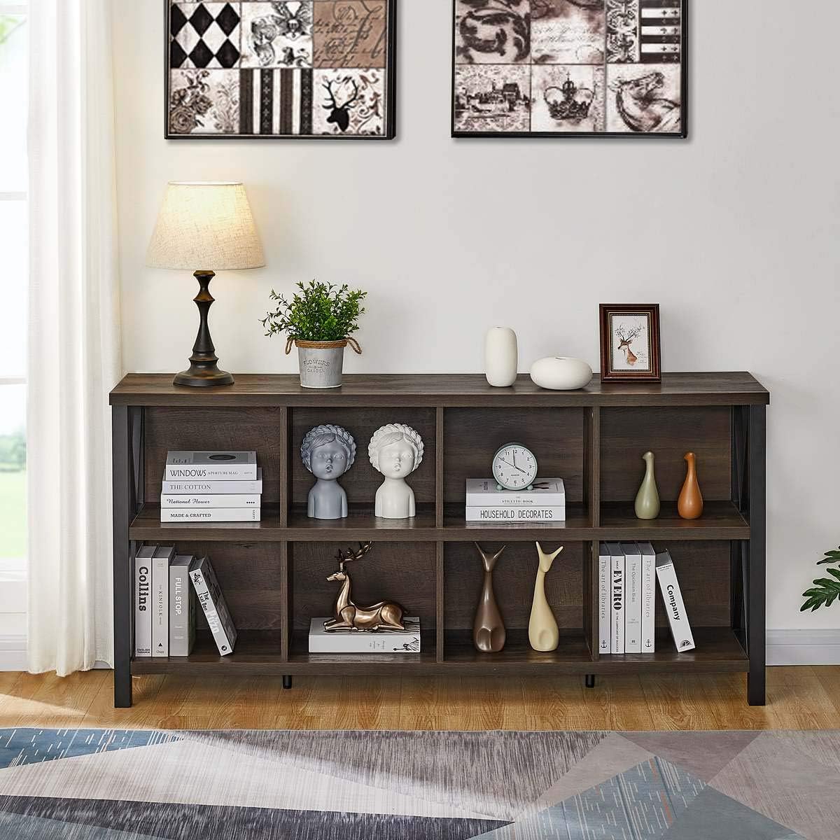NEW - FATORRI 8 Cube Storage Organizer Bookshelf, Rustic Wood Cubby Bookcase, Industrial Horizontal Long Shelf for Living Room (Walnut Brown, 62 Inch) - Retail $229 - Image 2