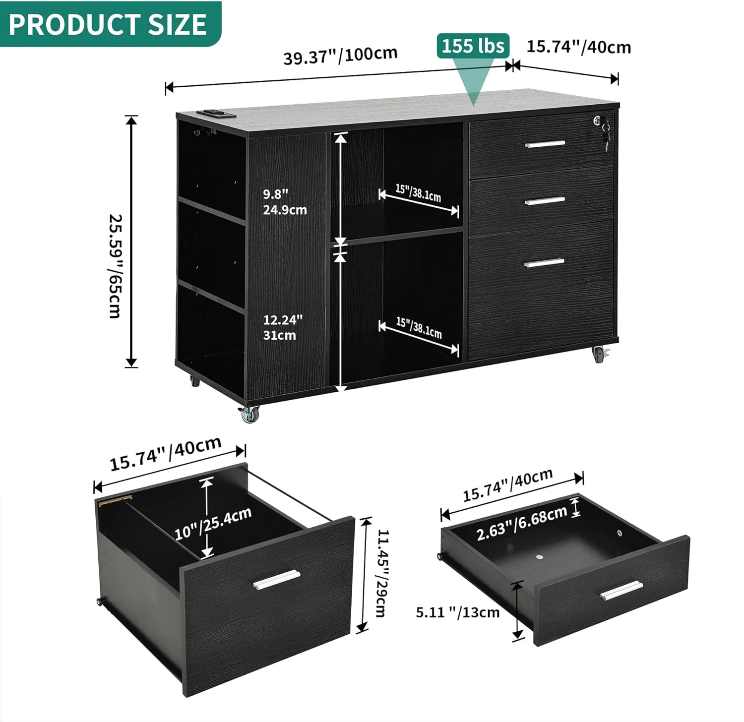 NEW - YITAHOME 3 Drawer File Cabinet with Charging Station, Home Office Furniture, Black - Retail $149 - Image 3