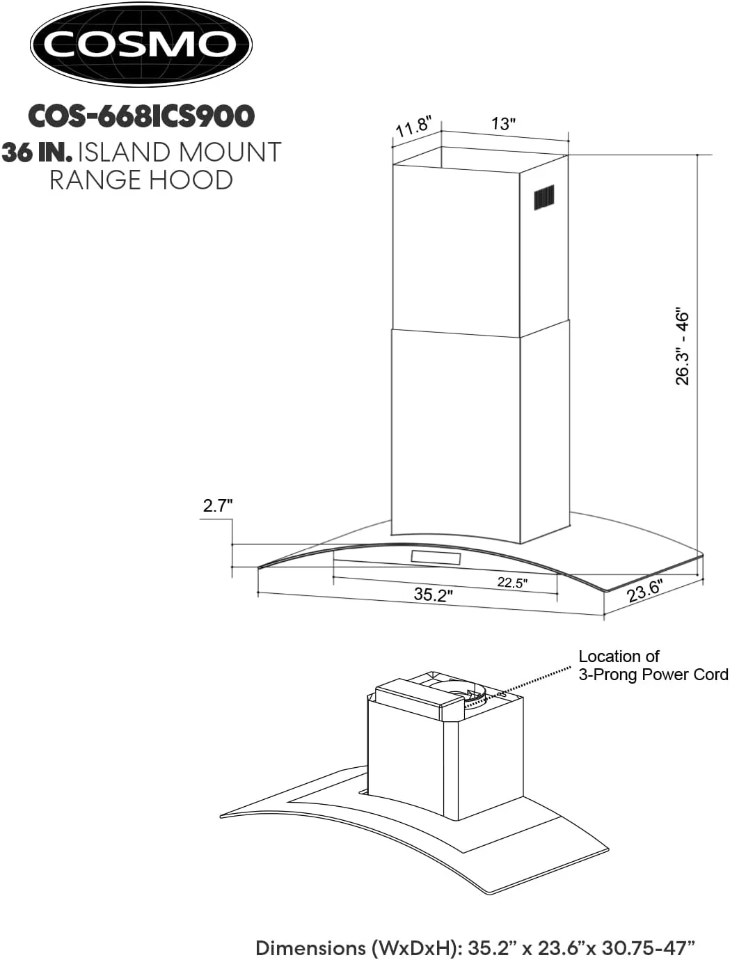 NEW w/ dmg - COSMO 668ICS900 36 in. Island Range Hood with 380 CFM, 3 Speeds, Ducted, Permanent Filters, Soft Touch Controls, LED Lights, Curved Glass Hood in Stainless Steel - Retail $359 - Image 4