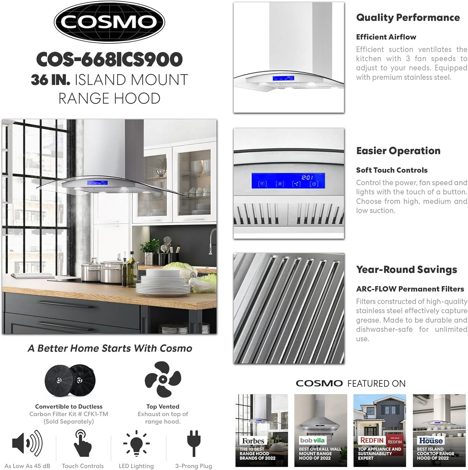 NEW w/ dmg - COSMO 668ICS900 36 in. Island Range Hood with 380 CFM, 3 Speeds, Ducted, Permanent Filters, Soft Touch Controls, LED Lights, Curved Glass Hood in Stainless Steel - Retail $359 - Image 7