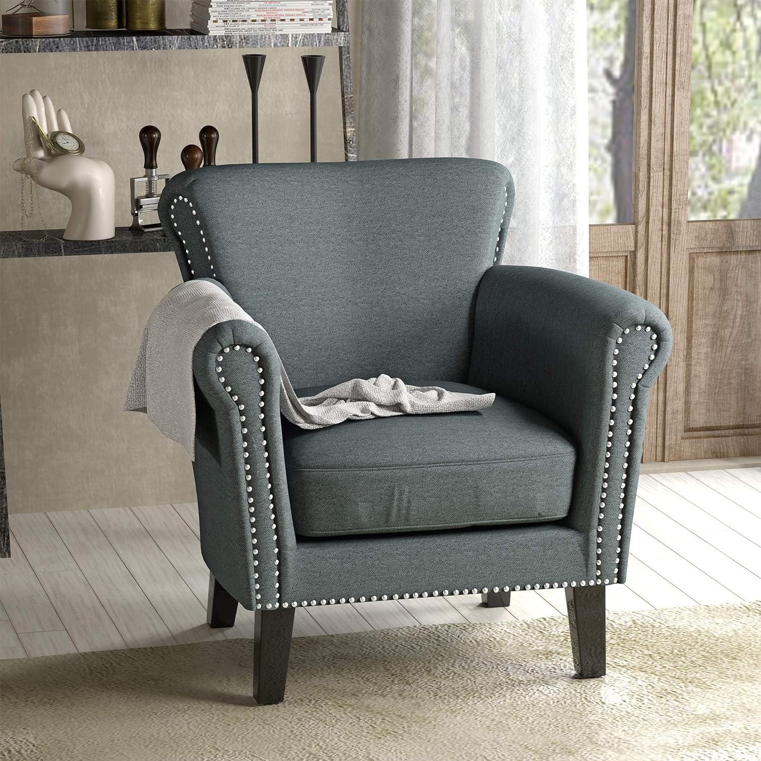 NEW - Christopher Knight Home Brice Vintage Scroll Arm Studded Fabric Club Chair, Steel Blue / Dark Brown - Retail $200 - Image 2