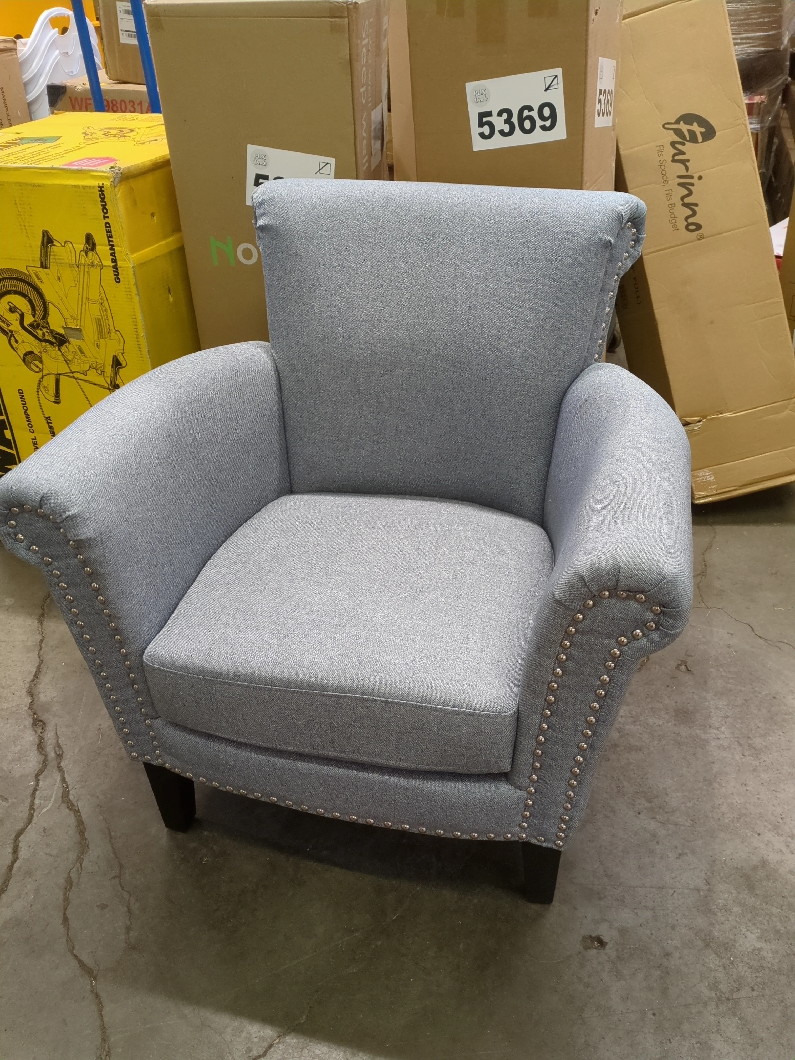 NEW - Christopher Knight Home Brice Vintage Scroll Arm Studded Fabric Club Chair, Steel Blue / Dark Brown - Retail $200 - Image 5