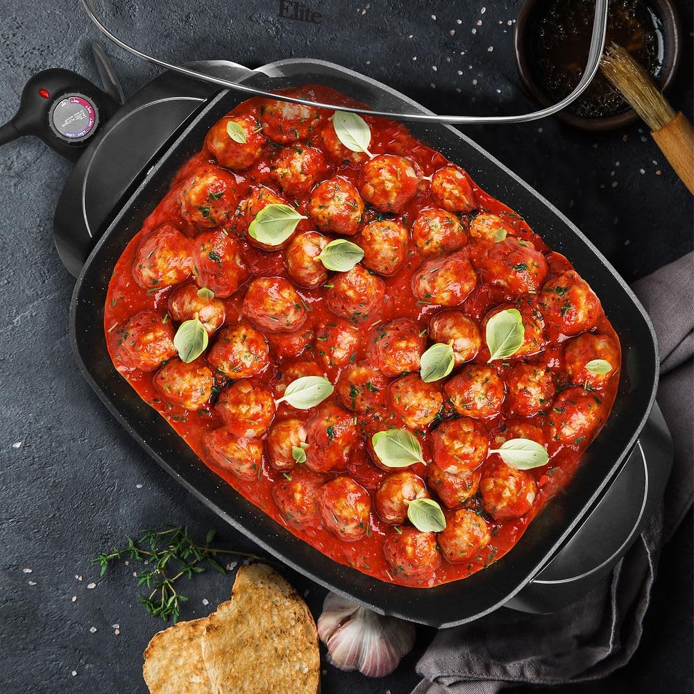 NEW - Elite Gourmet EG-6203# Extra Deep 16"x13"x3.2" (10.5Qt.) Scratch Resistant, Easy Pour Spout Dishwasher Safe, Non-stick Electric Skillet with Glass Vented Lid, Adjustable Temperature, Black - Retail $59 - Image 3