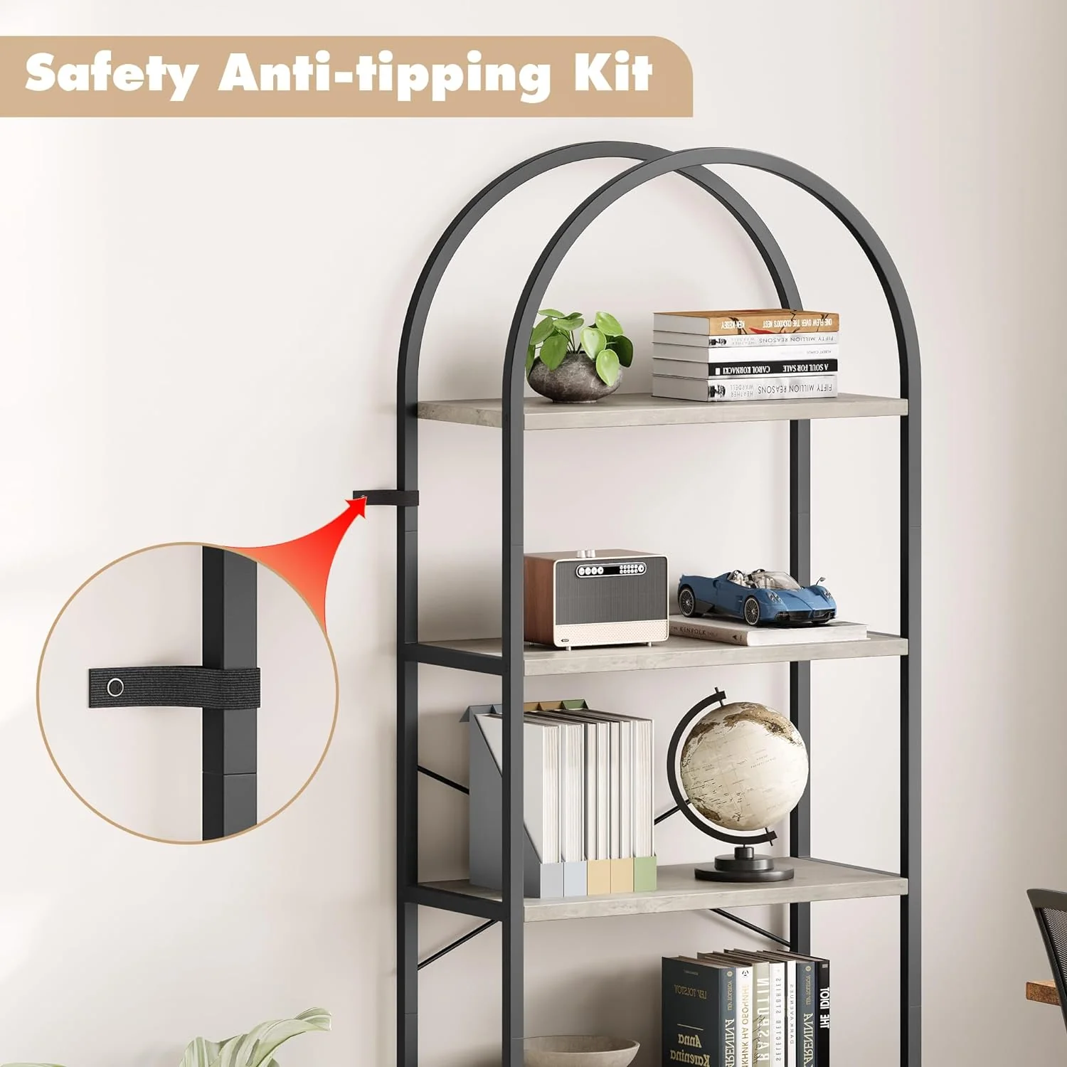 NEW - IDEALHOUSE Bookshelf 5 Tier Bookcase Arched Display Racks Tall Standing Bookshelves Metal Frame Farmhouse Storage Rack Shelf Grey Book Shelf for Bedroom, Living Room, Home Office - Retail $79 - Image 3