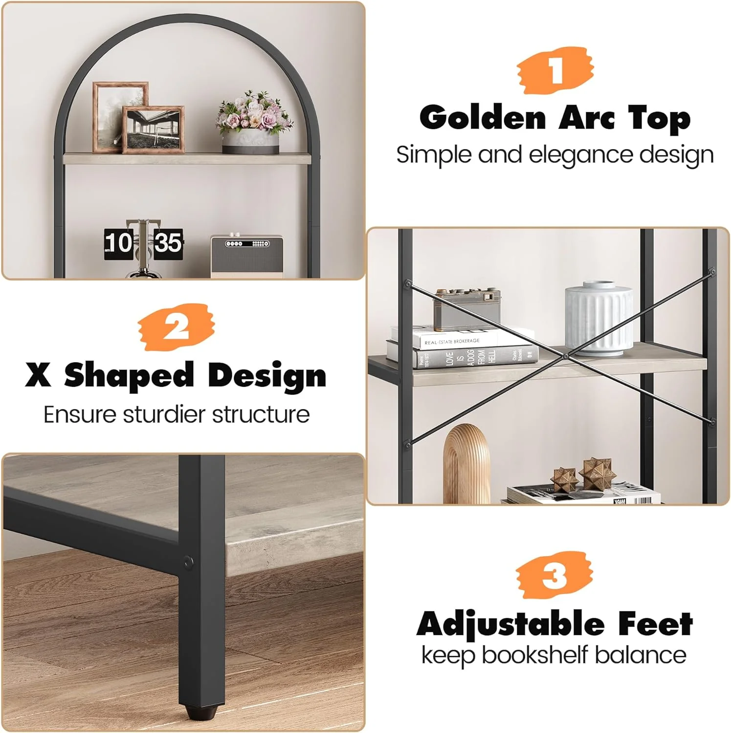 NEW - IDEALHOUSE Bookshelf 5 Tier Bookcase Arched Display Racks Tall Standing Bookshelves Metal Frame Farmhouse Storage Rack Shelf Grey Book Shelf for Bedroom, Living Room, Home Office - Retail $79 - Image 4