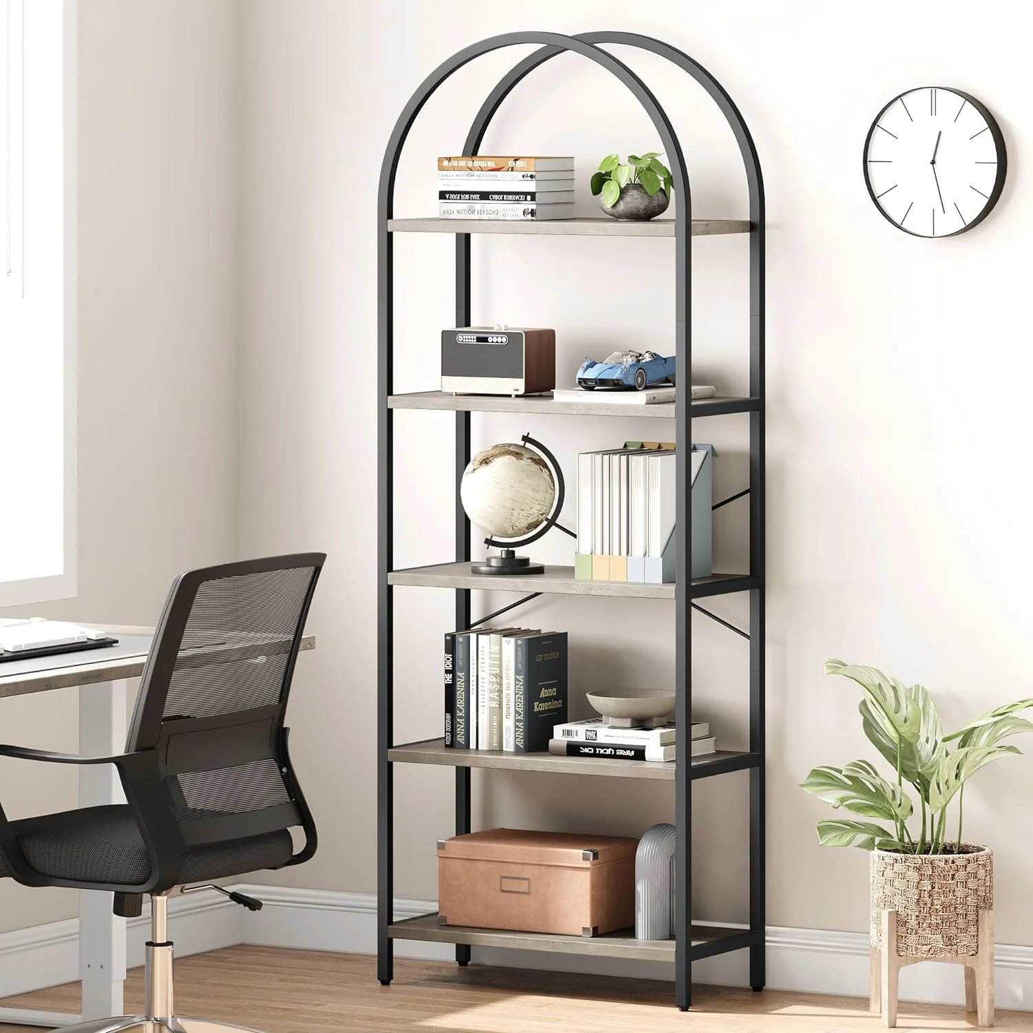 NEW - IDEALHOUSE Bookshelf 5 Tier Bookcase Arched Display Racks Tall Standing Bookshelves Metal Frame Farmhouse Storage Rack Shelf Grey Book Shelf for Bedroom, Living Room, Home Office - Retail $79 - Image 5