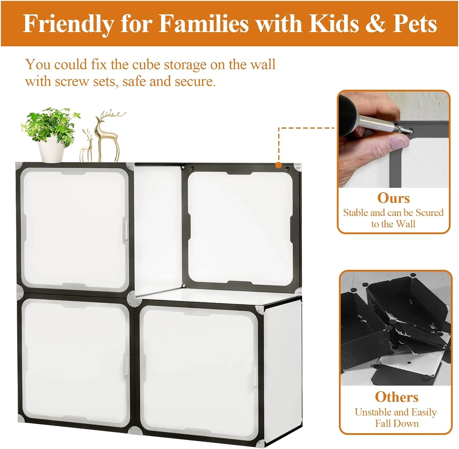 NEW - NeuType Cube Storage Organizer with Doors, 4-Cube Storage Shelves, Closet Storage Shelves Bookshelf Toy Organizer Cabinet, Multifunctional Storage Cubes Organizer Shelves, White - Retail $33 - Image 3