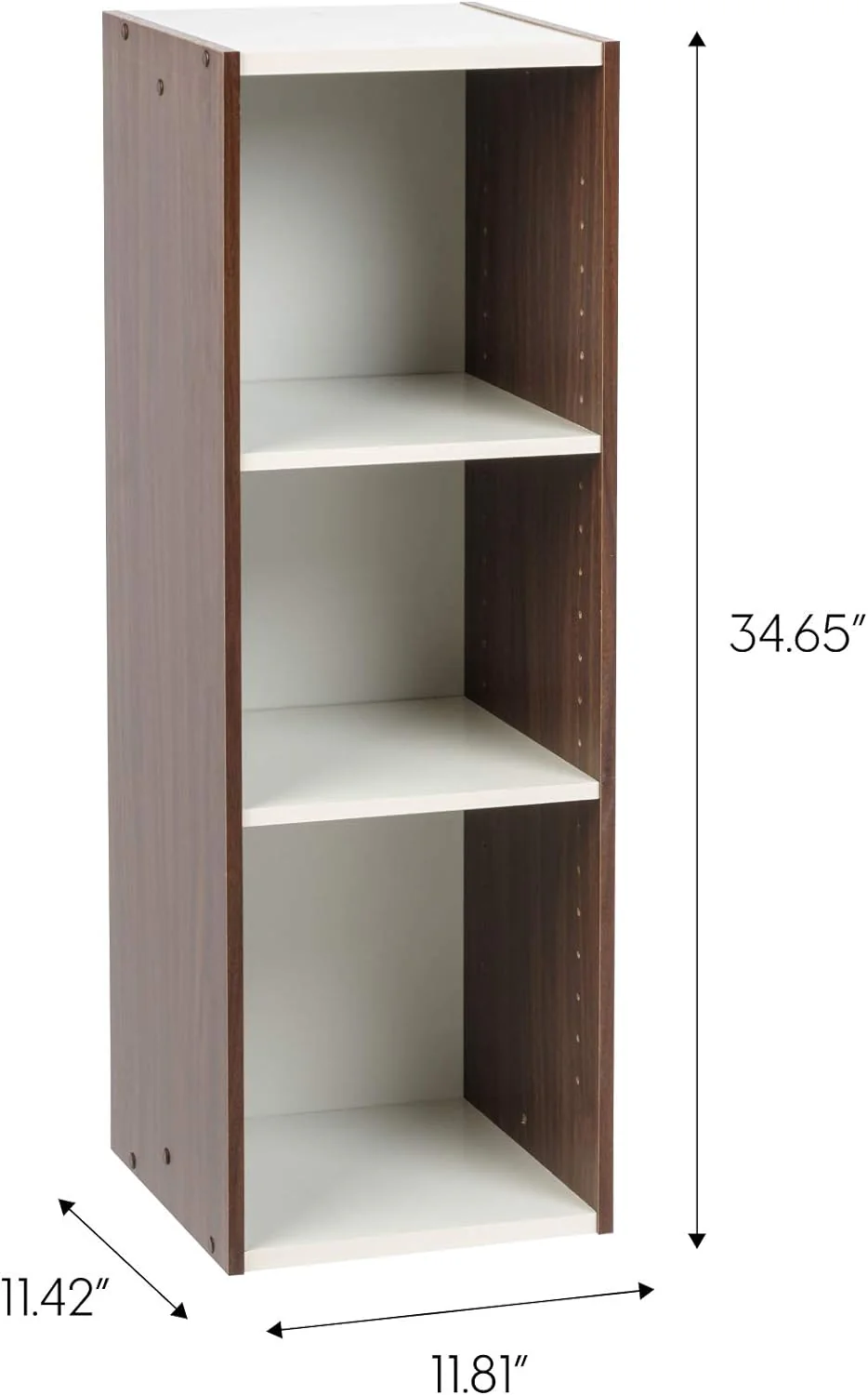 NEW - IRIS USA 3-Tier 12" Wide Cubby Storage Bookshelf with Adjustable Shelves, Sturdy Versatile Easy Assembly Stackable Storage Shelf for Saving Space, Walnut Brown/White - Retail $28 - Image 3