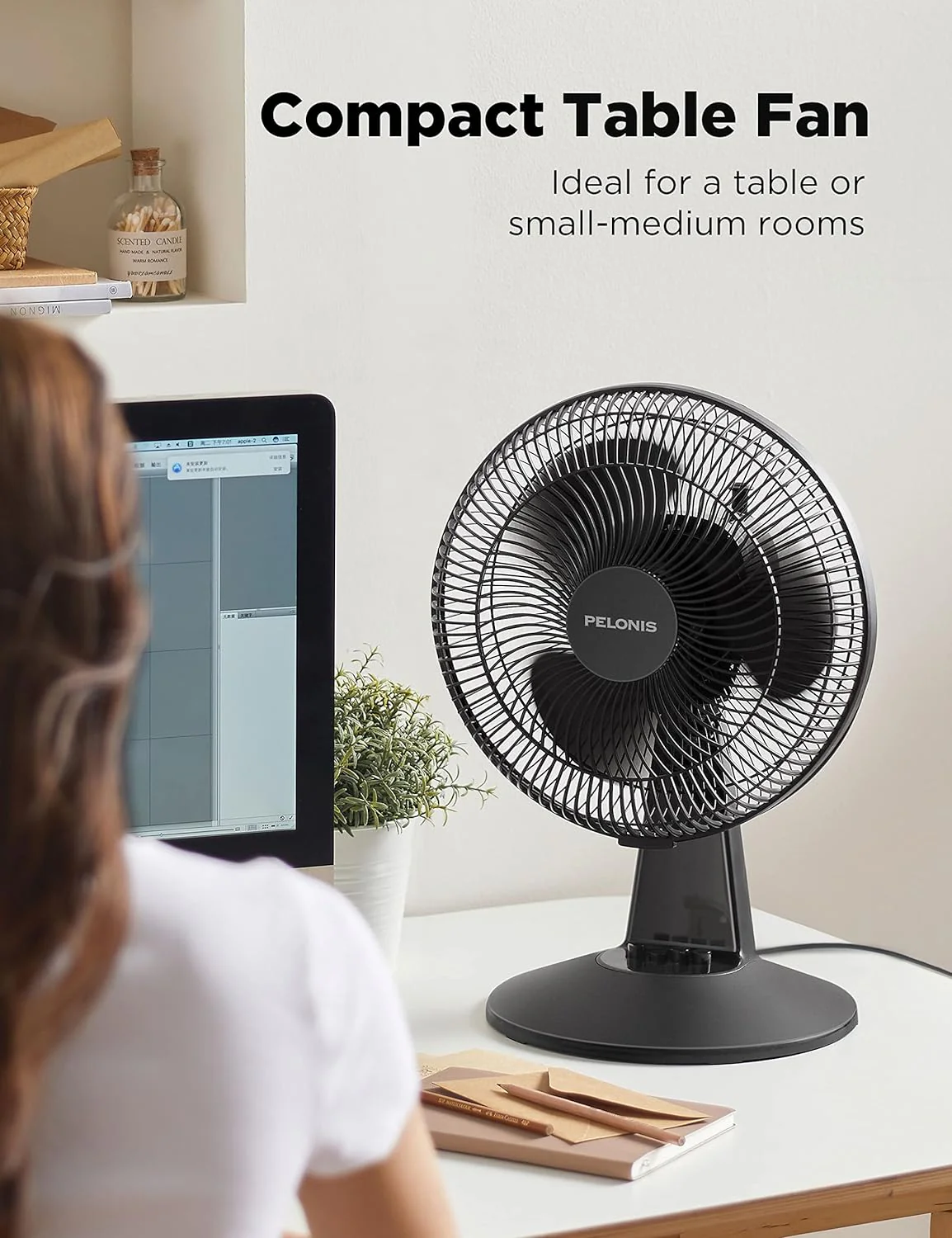 NEW - PELONIS Table Fan 12-Inch Oscillating Table Fan Small Portable Electric Plug-In Desk Fan 3-Speeds Adjustable Tilt Head for Bedroom and Office Black - Retail $29 - Image 4