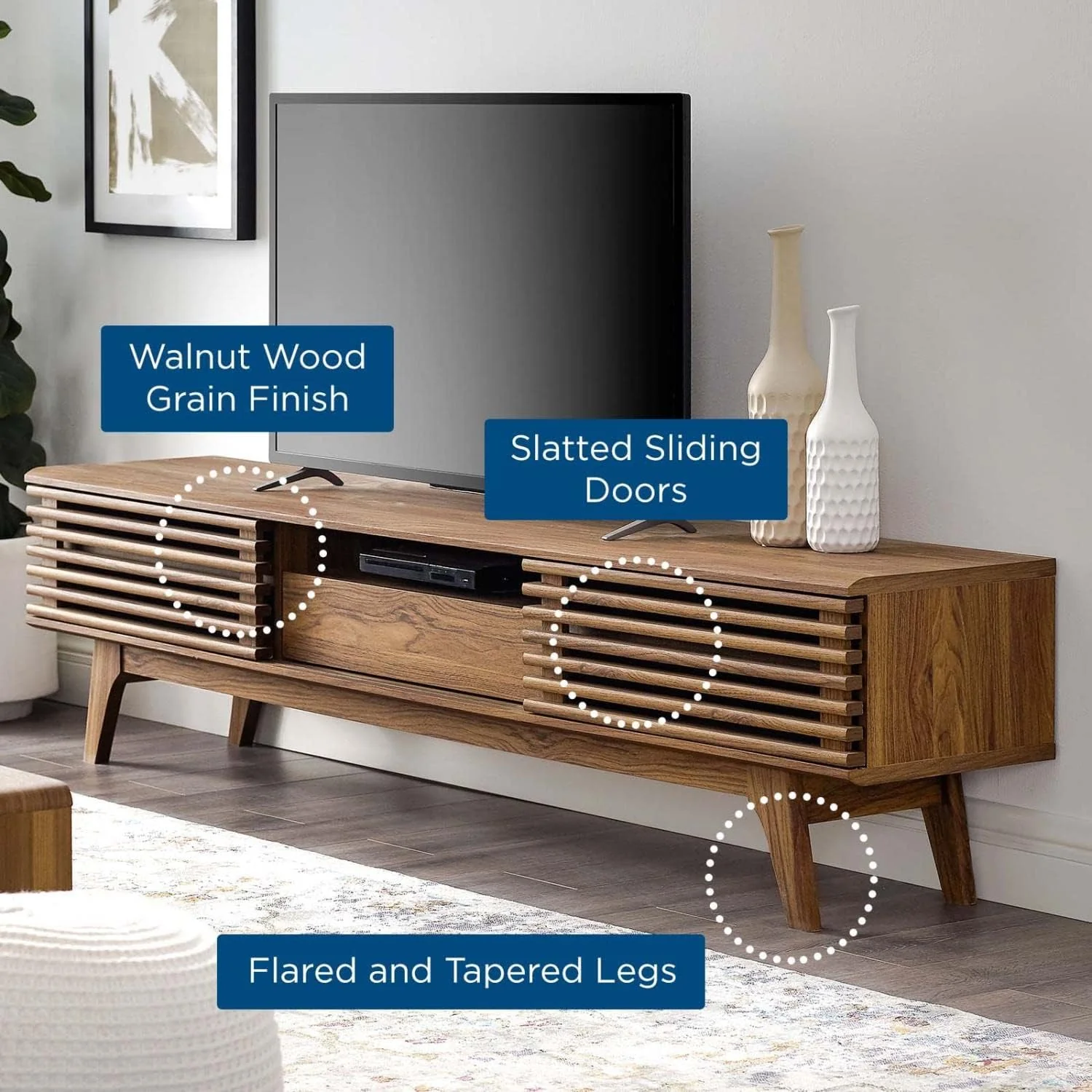 Modway Render 70" Mid-Century Modern Low Profile Entertainment TV Stand, 70 Inch, Walnut Walnut - Retail $221 - Image 4