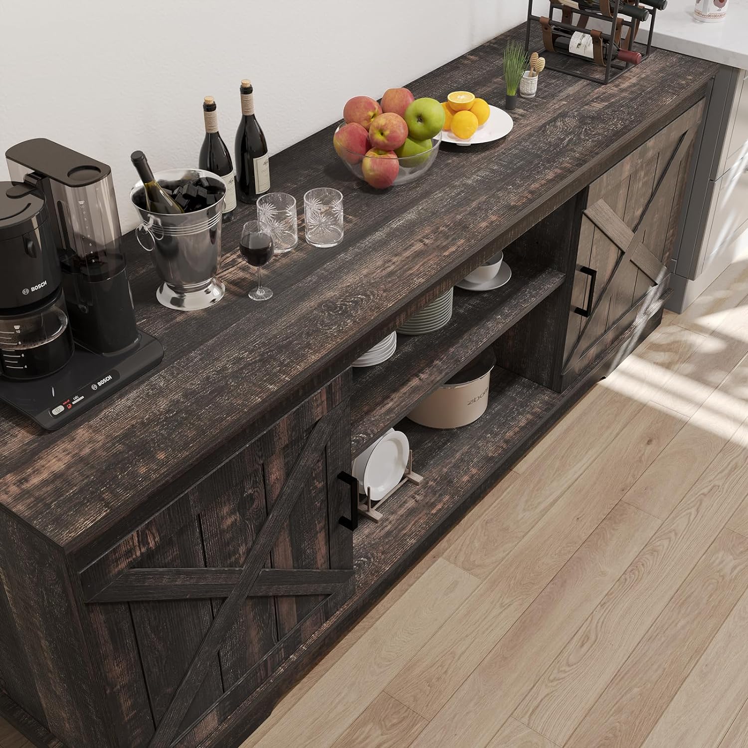 NEW - YITAHOME Buffet Cabinet, 59.5" Farmhouse Sideboard Buffet Storage Cabinet with Barn Door Coffee Bar Cabinet with Capacity 300 lbs for Home Dinning Living Room,Dark Rustic Oak, 26“ Height - Retail $197 - Image 3