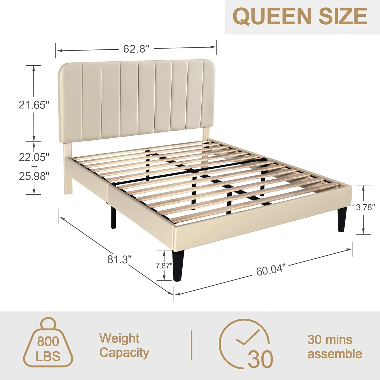 NEW - VECELO Queen Size Upholstered Bed Frame with Adjustable Headboard, Velvet Platform Bedframe Mattress Foundation, Strong Wood Slat Support, No Box Spring Needed, Beige - Retail $178 - Image 2