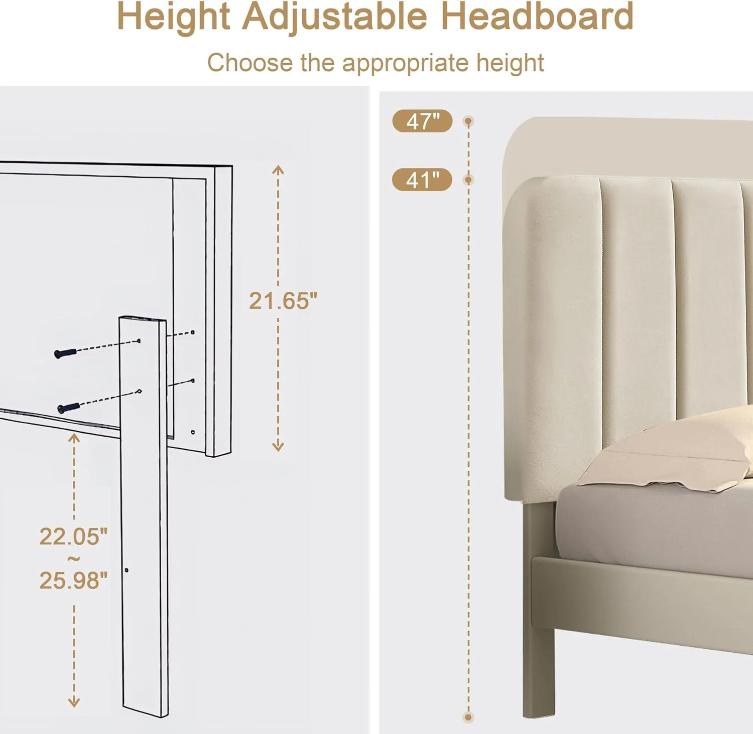NEW - VECELO Queen Size Upholstered Bed Frame with Adjustable Headboard, Velvet Platform Bedframe Mattress Foundation, Strong Wood Slat Support, No Box Spring Needed, Beige - Retail $178 - Image 4