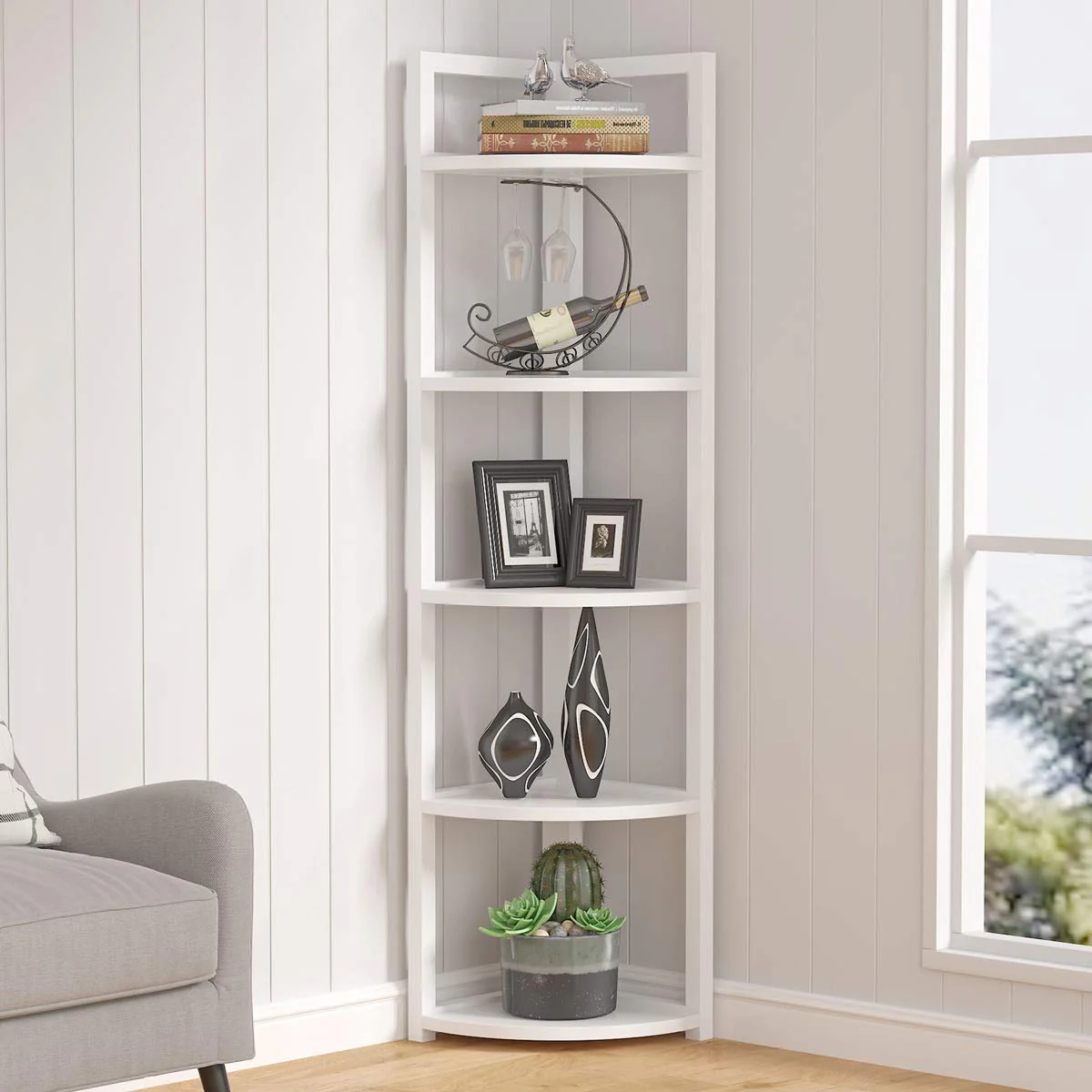 Tribesigns 5 Tier Corner Shelf, Modern Corner Bookshelf Small Bookcase Storage Rack Plant Stand for Living Room, Home Office, Kitchen, Small Space (White)
