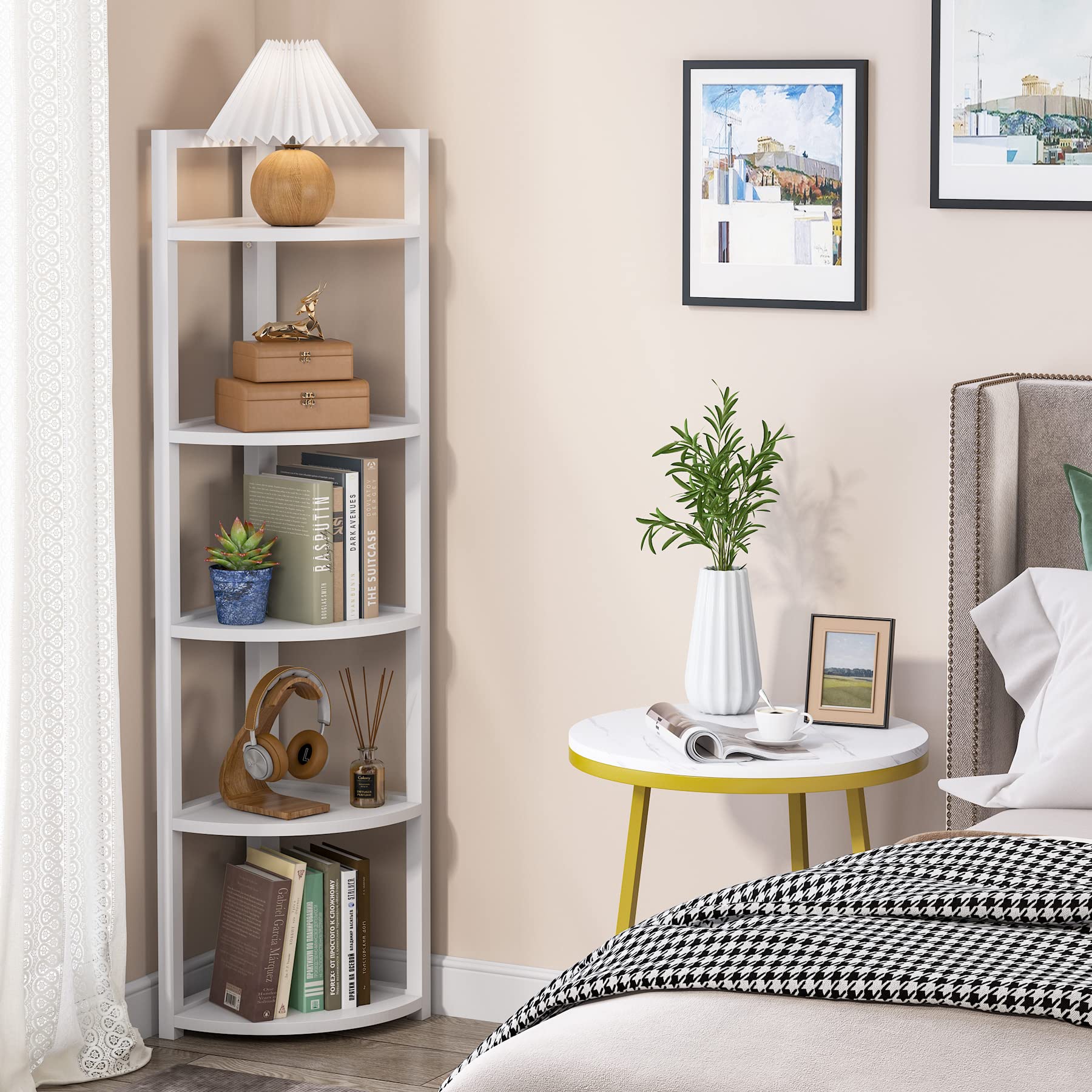 Tribesigns 5 Tier Corner Shelf, Modern Corner Bookshelf Small Bookcase Storage Rack Plant Stand for Living Room, Home Office, Kitchen, Small Space (White) - Image 2