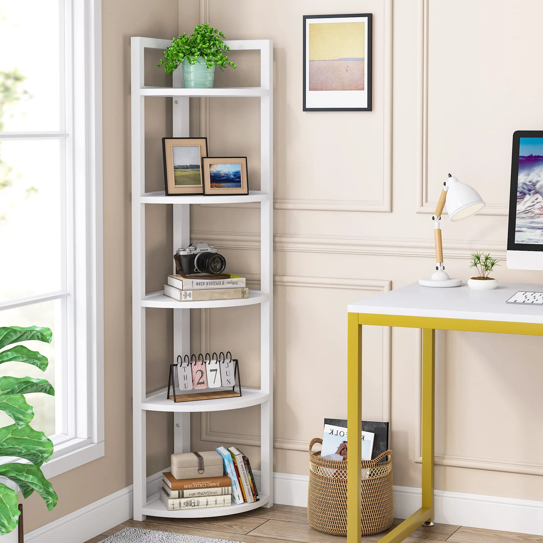 Tribesigns 5 Tier Corner Shelf, Modern Corner Bookshelf Small Bookcase Storage Rack Plant Stand for Living Room, Home Office, Kitchen, Small Space (White) - Image 3