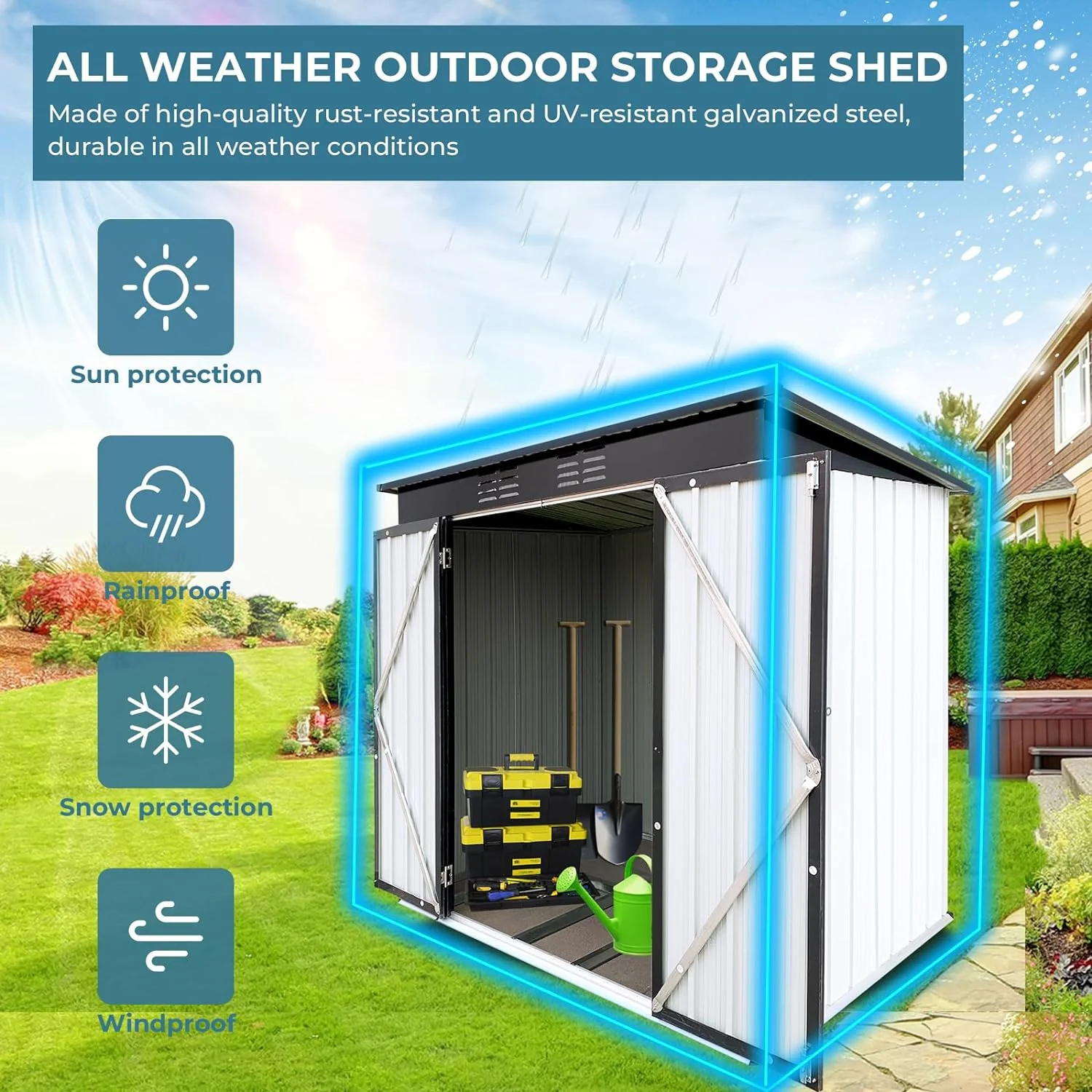 NEW - Zevemomo 6 x 4 ft Outdoor Storage Shed, All Weather Metal Shed with Metal Foundation & 2 Lockable Doors, Tool Sheds for Garden, Patio, Lawn, Black - Retail $200 - Image 6