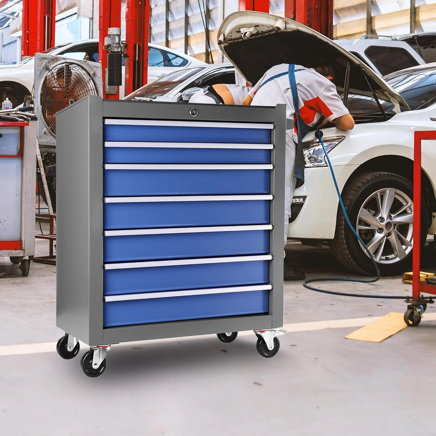 NEW - 7-Drawer Tool Chest with Wheels, Rolling Tool Chest with Drawers, Top Cushion & 7PCS Tray Divider Set, Multifunctional Craftsman Tool Storage Chest for Garage, Warehouse, Workshop, Repair Shop,Blue - Retail $209 - Image 2