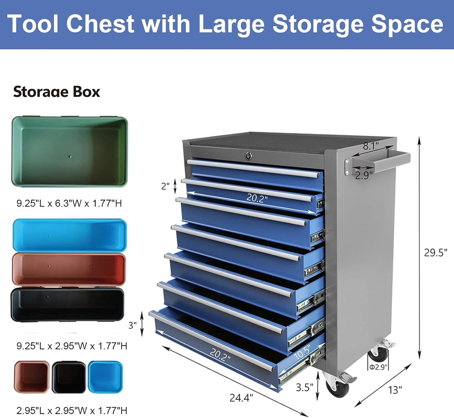 NEW - 7-Drawer Tool Chest with Wheels, Rolling Tool Chest with Drawers, Top Cushion & 7PCS Tray Divider Set, Multifunctional Craftsman Tool Storage Chest for Garage, Warehouse, Workshop, Repair Shop,Blue - Retail $209 - Image 5