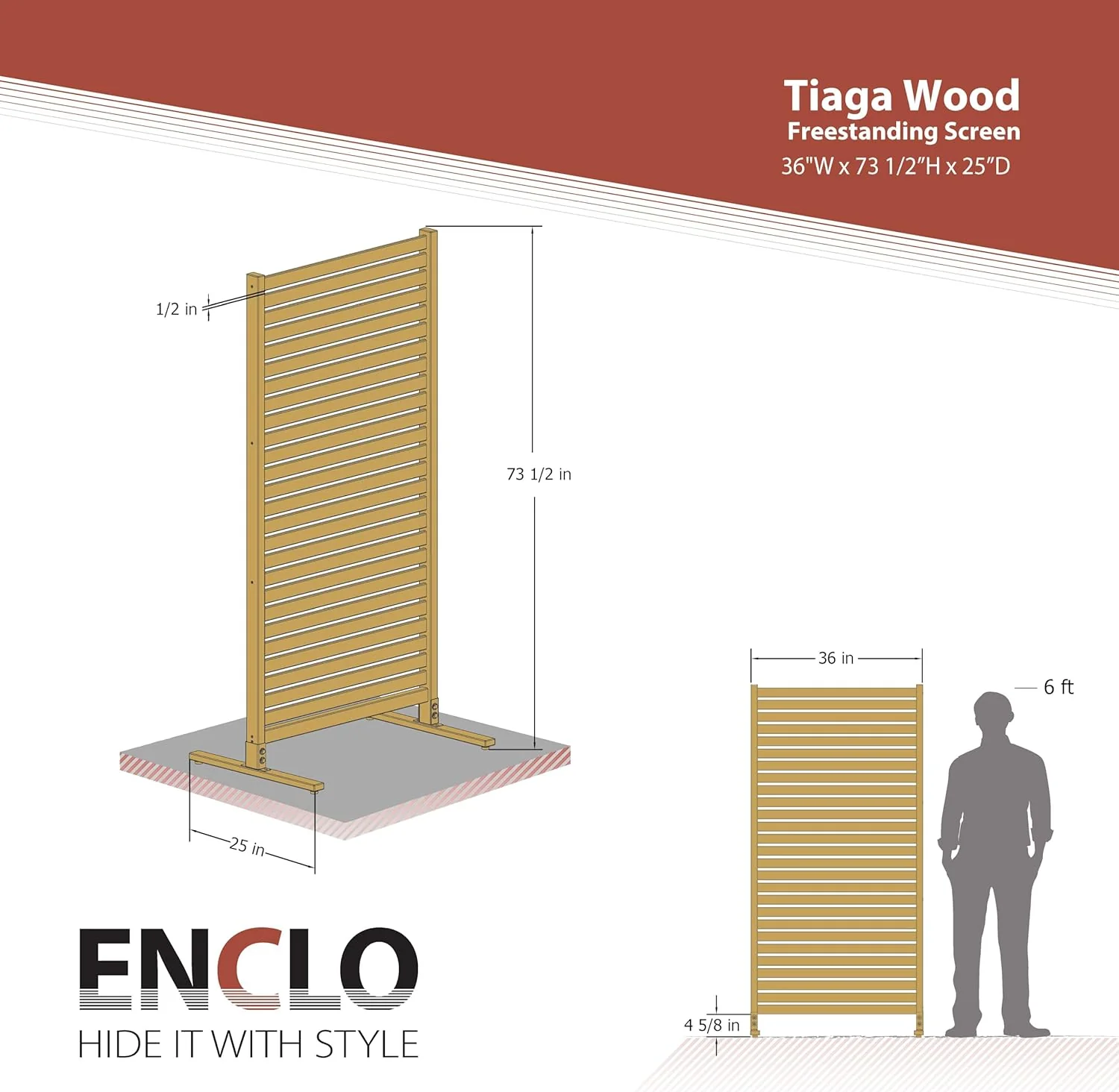 Enclo Privacy Screens EC18030 73.5in H x 36in W Tiaga Slatted Premium Wood Freestanding or Surface Mounted Privacy Screen Kit (1 Panel) - Retail $135 - Image 3