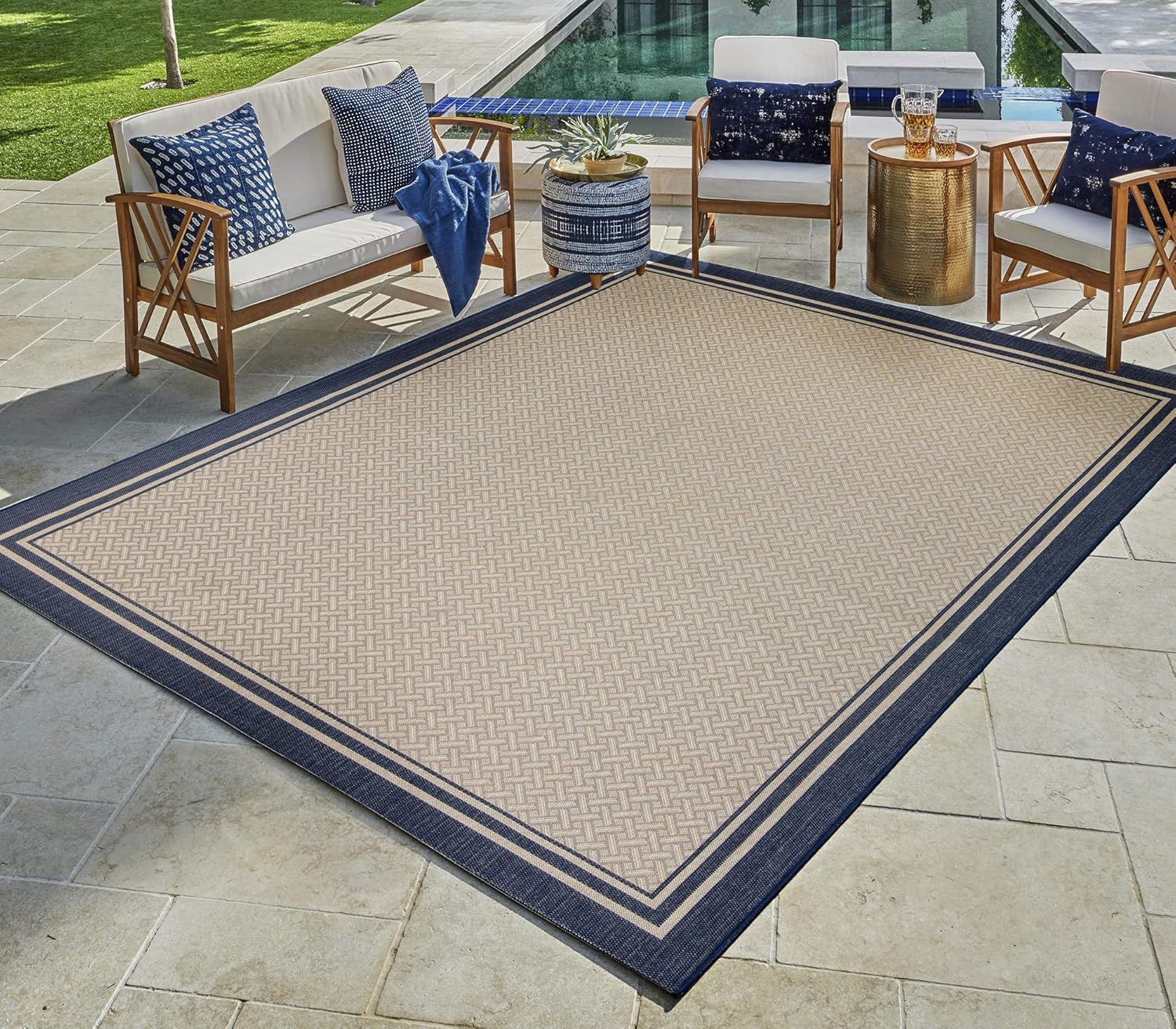 NEW - Gertmenian Indoor Outdoor Classic Flatweave Area Rug, Stain & UV Resistant Carpet, Deck, Patio, Poolside & Mudroom, 6x9 Ft Medium, Simple Border, Navy Blue, 21768 - Retail $109 - Image 2