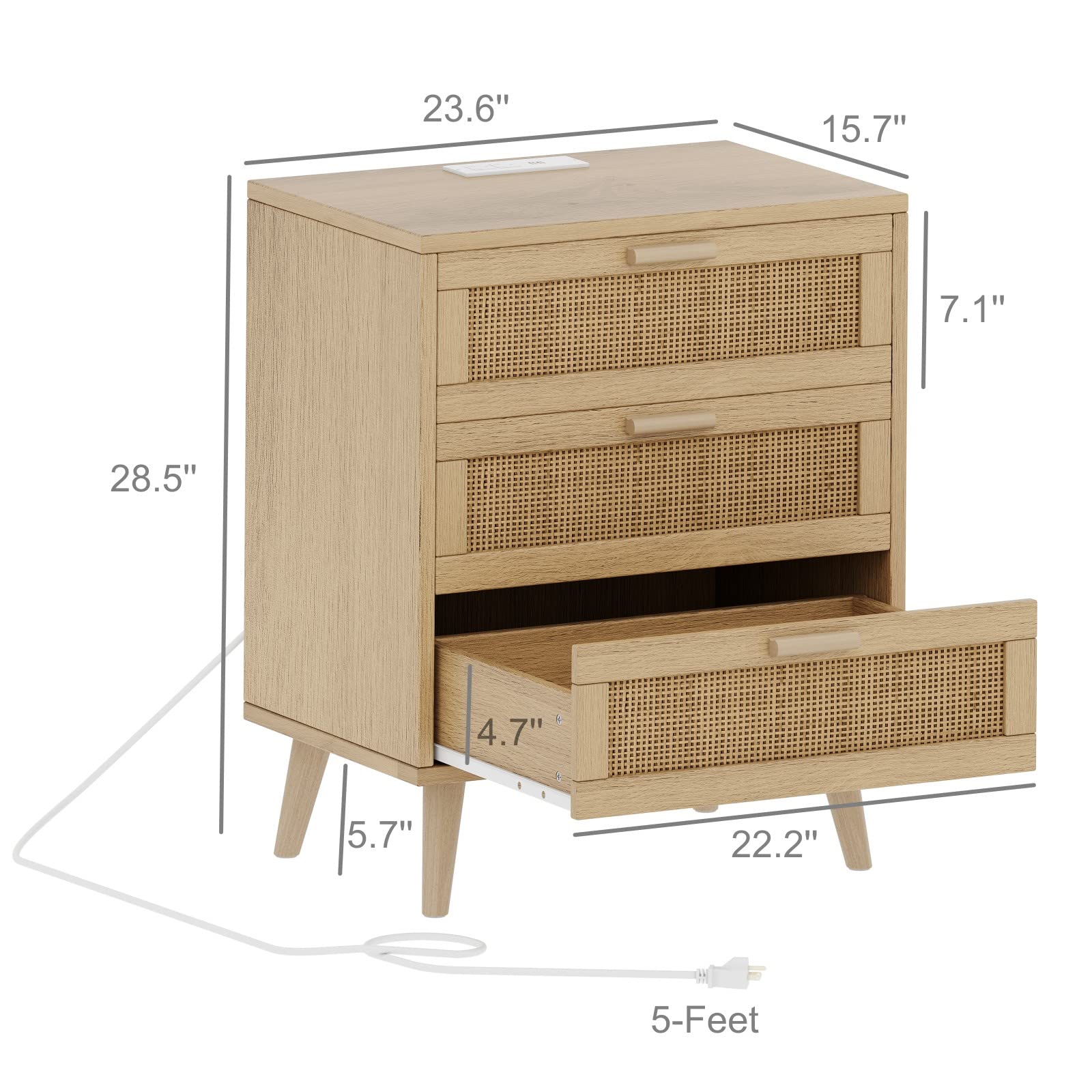 Irontar Rattan Nightstand with Charging Station, Night Stand with Rattan Decorated Drawers, Accent End Table, Bedside Table with Solid Wooden Legs for Bedroom, Natural BZZ006ME - Image 2