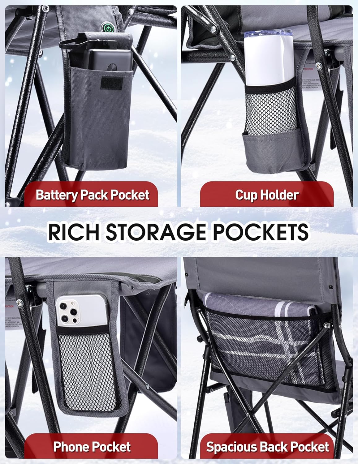 NEW - Docusvect Heated Camping Chair for Adults, Heats Back and Seat, 3 Heat Levels, Fully Padded Heated Folding Chair for Outdoor Sports with Cup Holder, Rich Pockets, Battery NOT Included - Retail $109 - Image 3