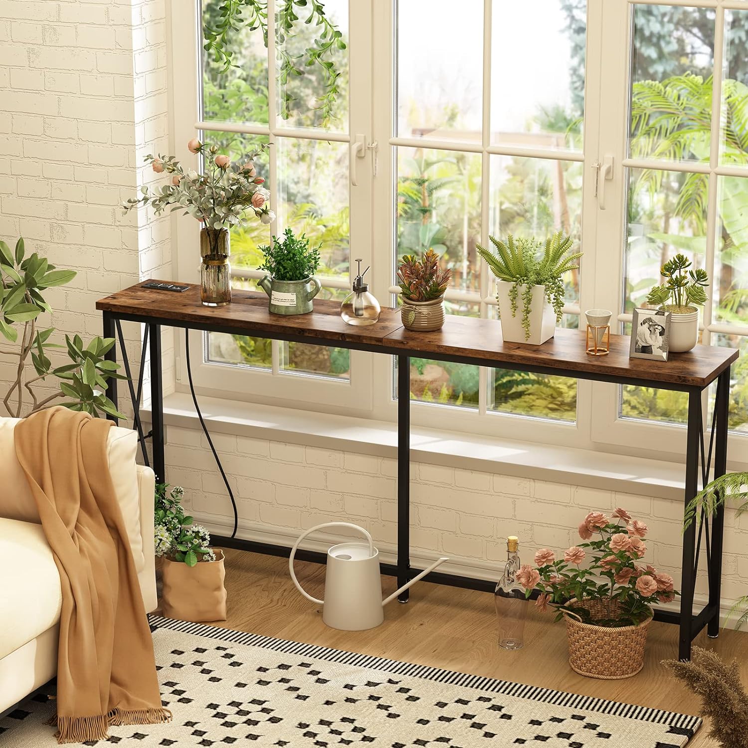 NEW - SUPERJARE 70 Inch Console Table with 2 Outlet and 2 USB Ports, Extra Long Entryway Table with Metal Frame and X-Shaped Design, Narrow Sofa Table for Living Room and Hallway - Rustic Brown - Retail $89 - Image 2