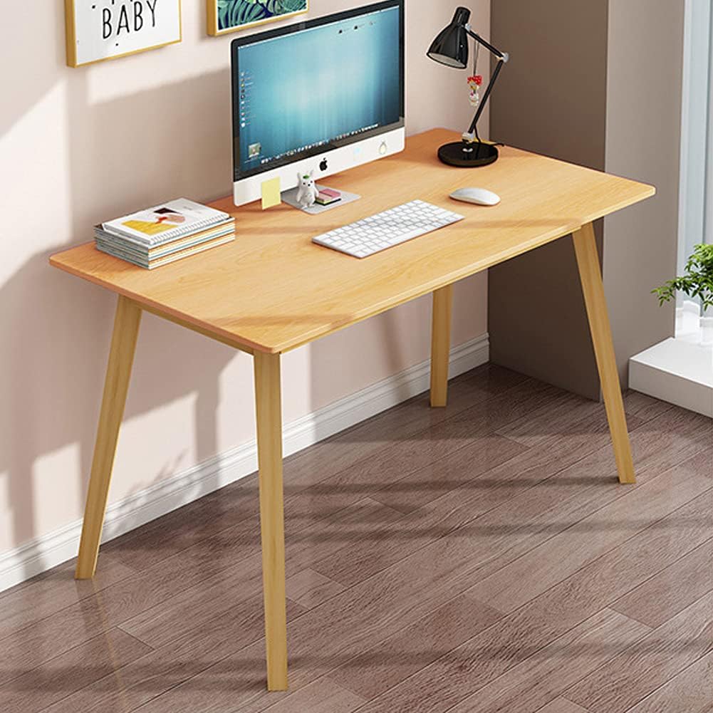 NEW w/ Dmg - IOTXY Simple Wooden Writing Desk - Freestanding Modern PC Laptop Computer Workbench with Solid Wood Legs for Home Office, TV Table, Music Live Desk, Raw Wood Color - Retail $125 - Image 2