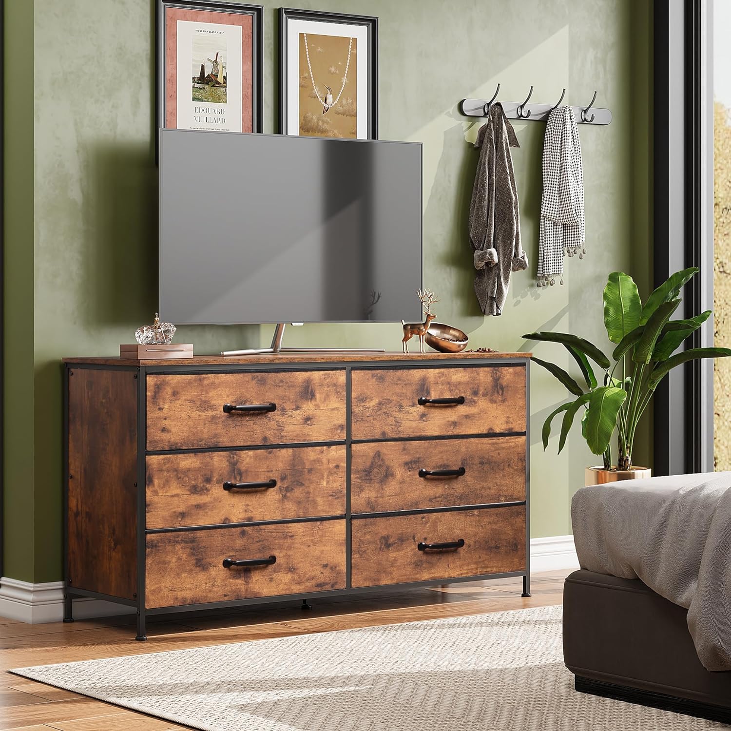 NEW - WLIVE Wide Fabric Dresser, 6 Drawer Dresser TV Stand for 60in TV, Dressers Bedroom Furniture Large Storage Tower Unit with Fabric Bins, Dresser for Bedroom, Closet, Hallway, Rustic Brown - Retail $140 - Image 3