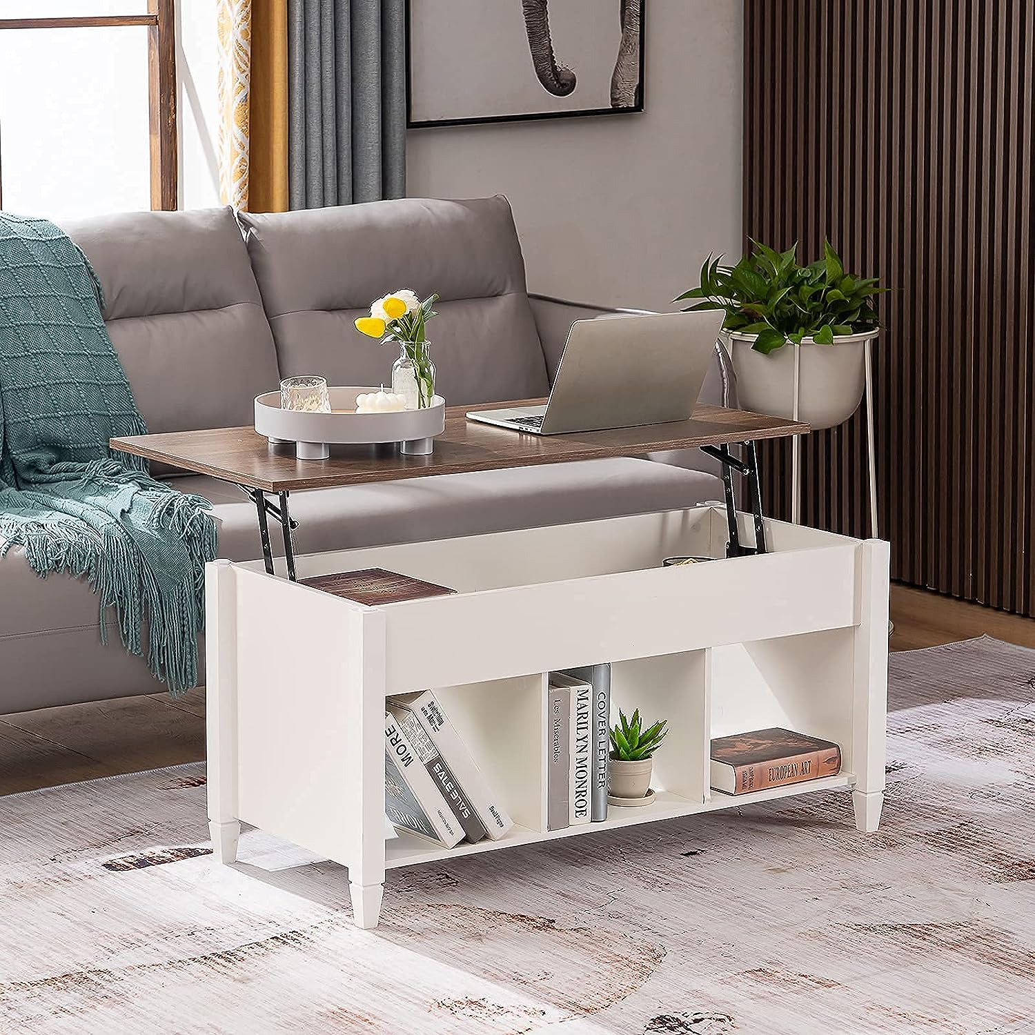 NEW - VINGLI Lift Top Coffee Table, White, with Storage Shelf/Hidden Compartment, Gas Lift Mesa De Centro para Sala Pop Up Coffee Table - Retail $135 - Image 3