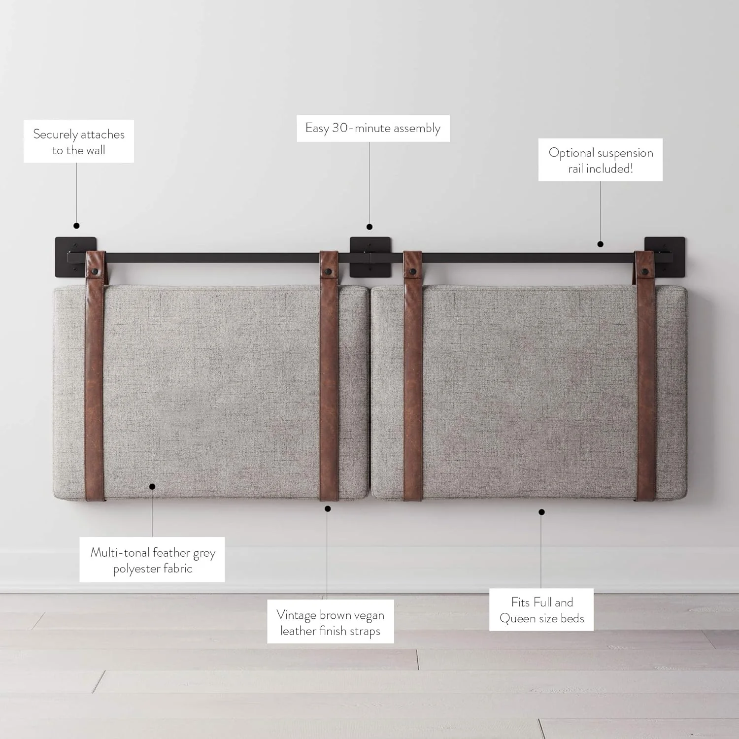 Nathan James Harlow Modern Wall Mount Hanging Headboard, Queen, Gray with Brown Faux Leather Straps - Retail $120 - Image 3
