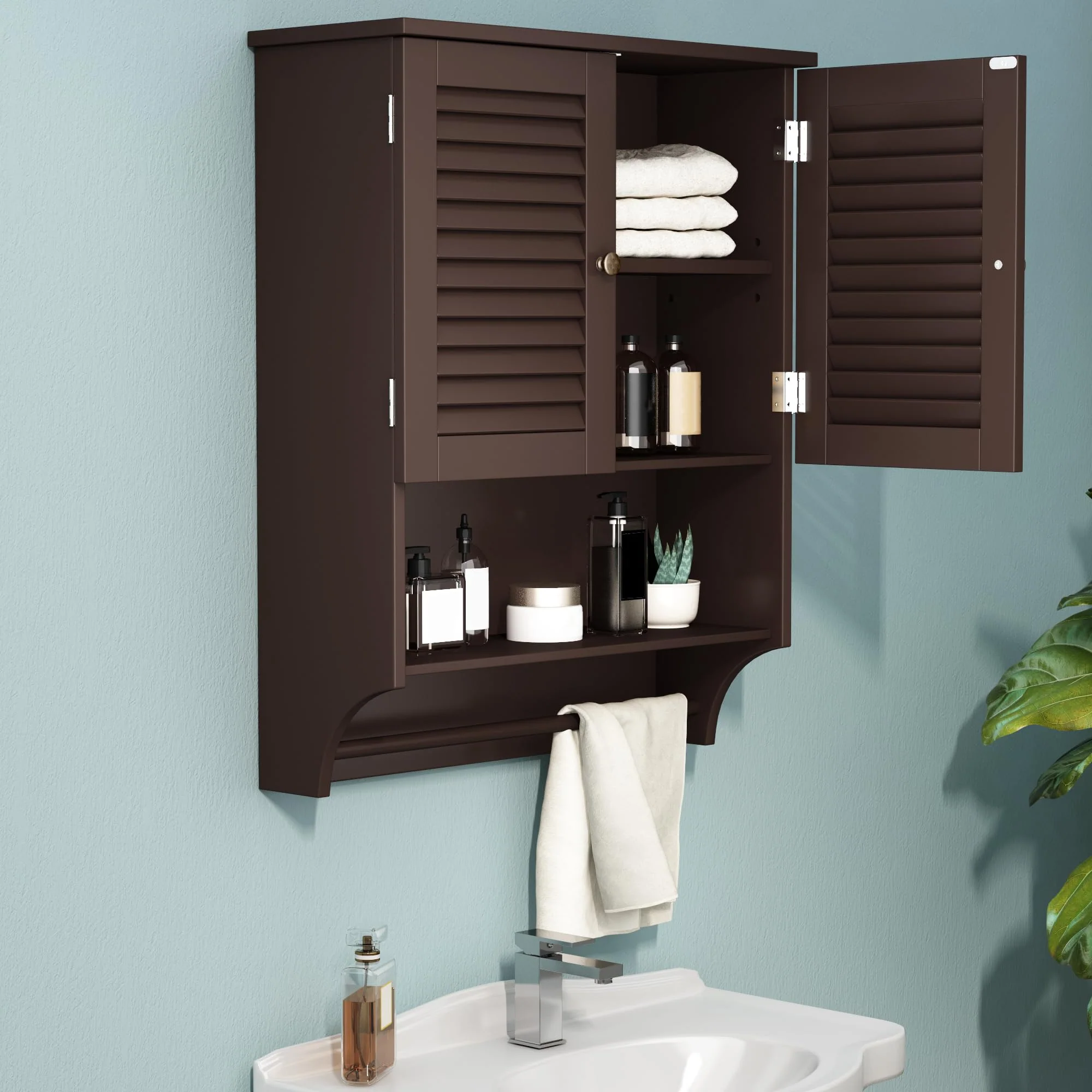 ChooChoo Bathroom Wall Cabinet with Towels Bar, 23.6" L x8.9 W x29.3 H MDF Material Medicine Cabinet, 2 Doors Over The Toilet Space Saver Storage Cabinet with Large Space, Espresso - Image 2
