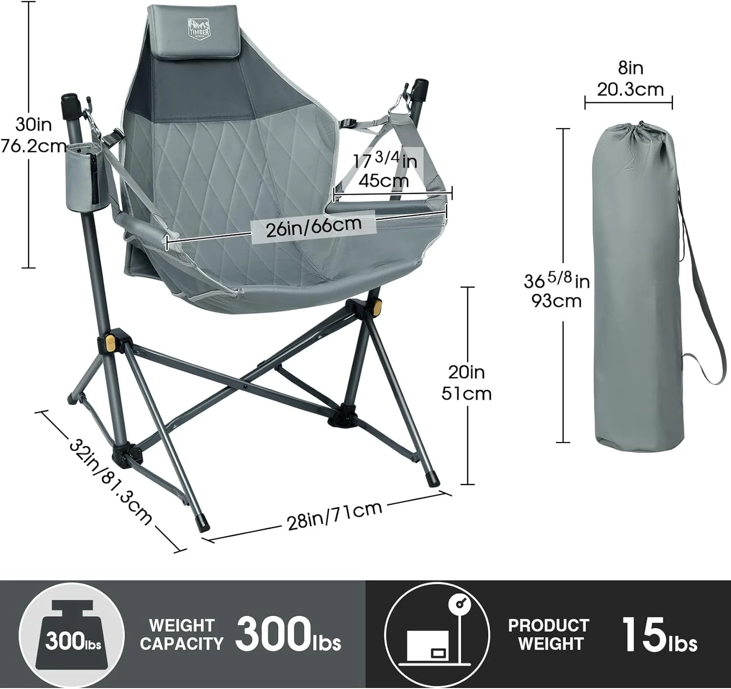NEW - TIMBER RIDGE Hammock Camping Chair with Adjustable Backrest, Heavy Duty Folding Hammock Chair Supports 300lbs, Portable Hammock Chair for Camping, Travelling and Patio, Grey - Retail $79 - Image 2