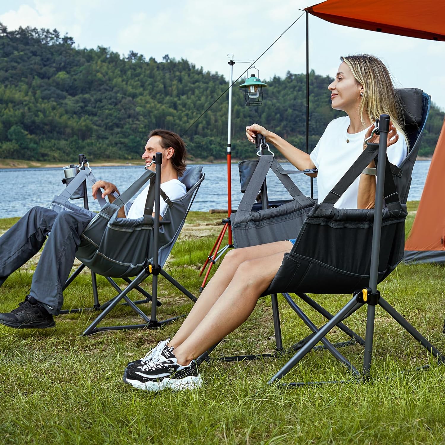 NEW - TIMBER RIDGE Hammock Camping Chair with Adjustable Backrest, Heavy Duty Folding Hammock Chair Supports 300lbs, Portable Hammock Chair for Camping, Travelling and Patio, Grey - Retail $79 - Image 3