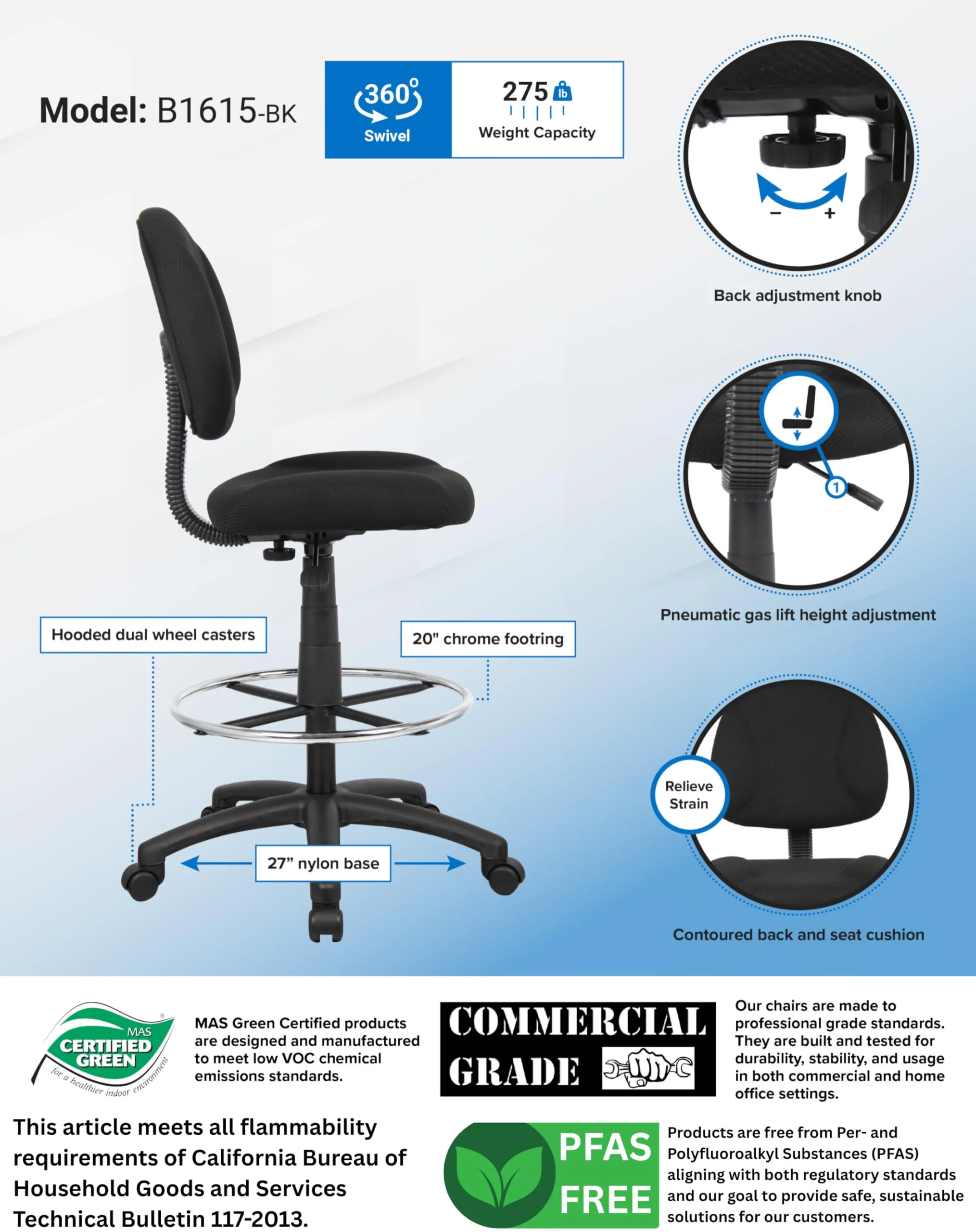 Boss Office Products B1615-BK Ergonomic Works Drafting Chair Without Arms in Black, Mid-Back - Image 3