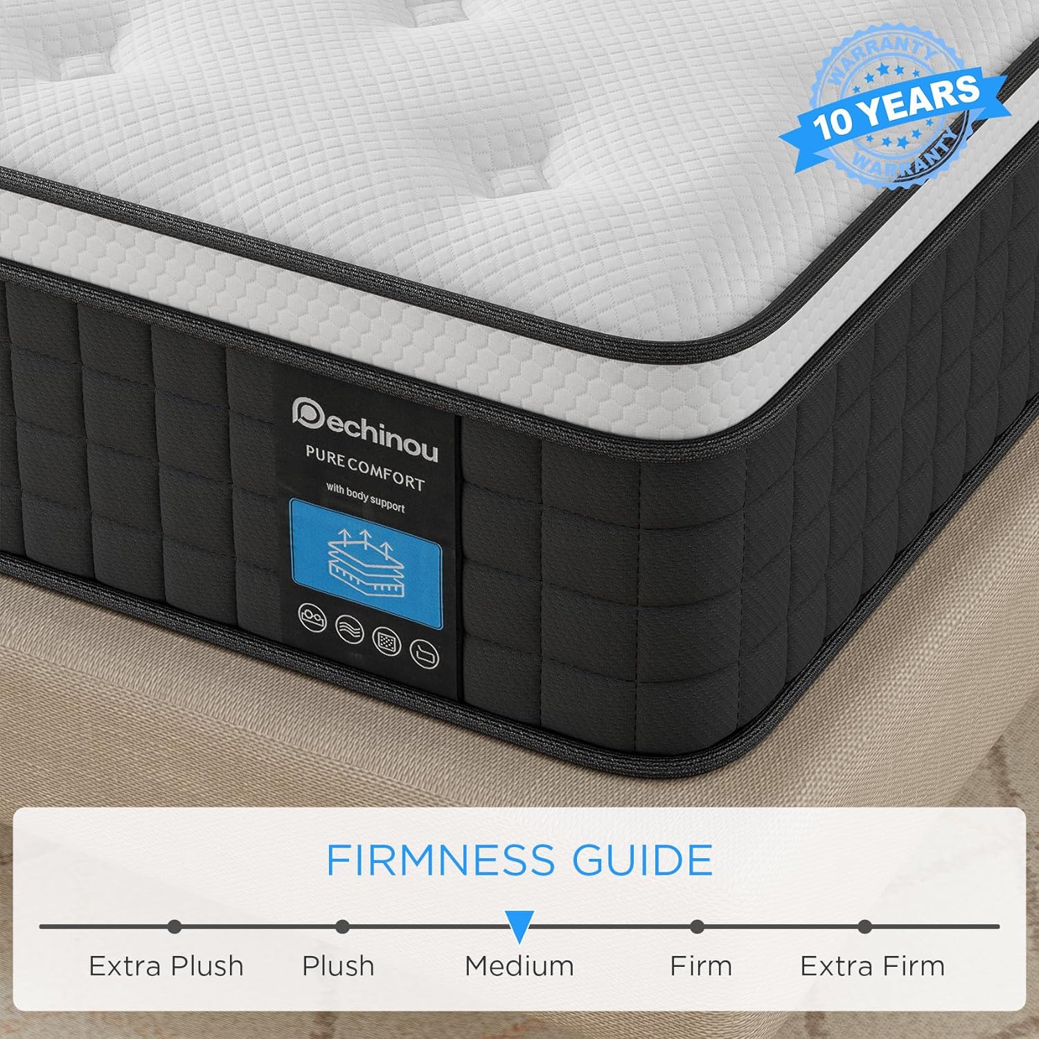 NEW - PECHINOU Queen Size Mattress, 10 Inch Hybrid Mattress in a Box with Gel Memory Foam, Back Pain Relief & Cooling, Medium Firm Support, Queen Size Mattress, CertiPUR-US - Retail $195 - Image 4