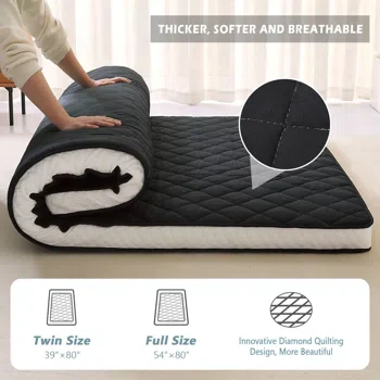 MAXYOYO QUEEN Diamond Patterned Futon Mattress, Extra Thick Japanese Floor Mattress Quilted Mattress Topper, Folding Floor Lounger Guest Bed Padded Sleeping Pad for Touring Car Camping, Black - Retail $157 - Image 3
