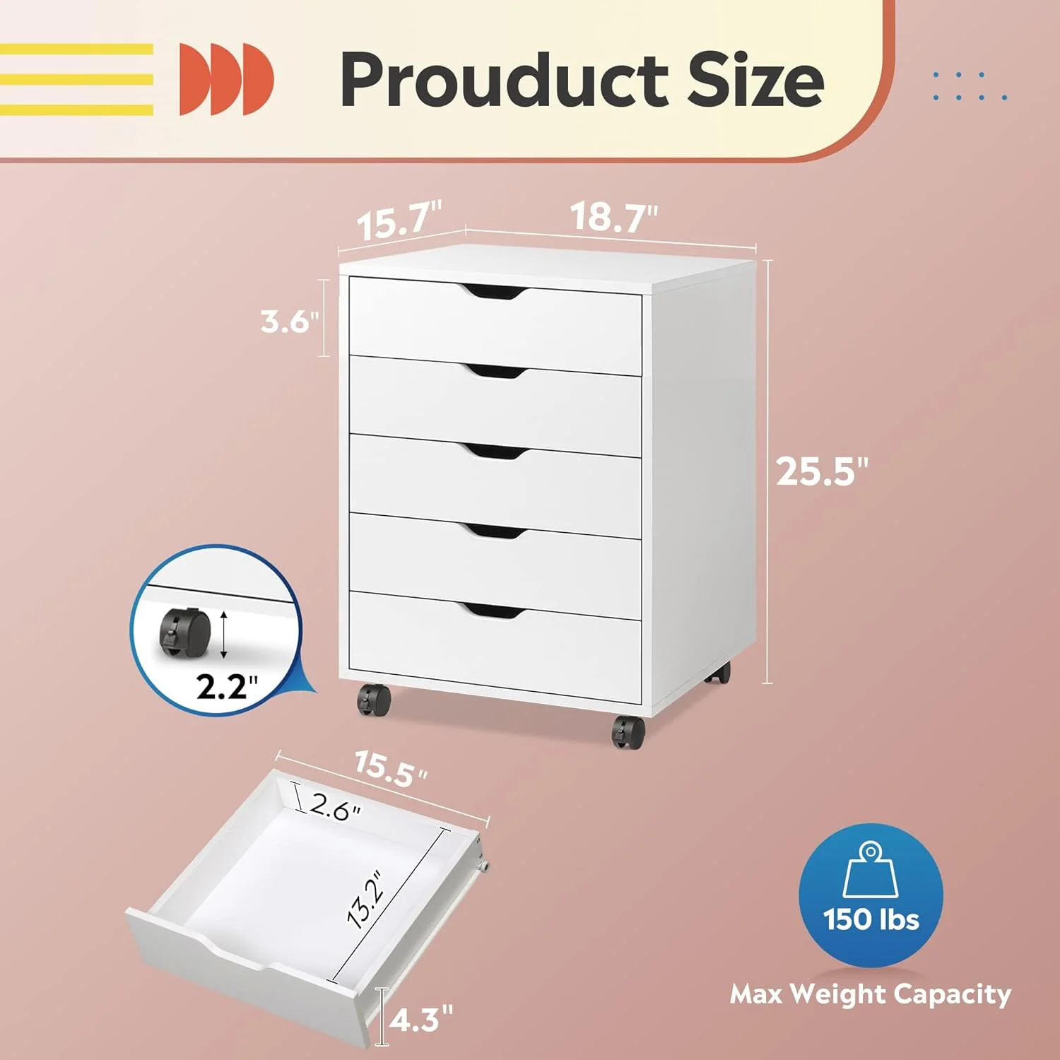 DEVAISE 5-Drawer Chest, Wood Storage File Cabinet with Wheels, White - Retail $99 - Image 3
