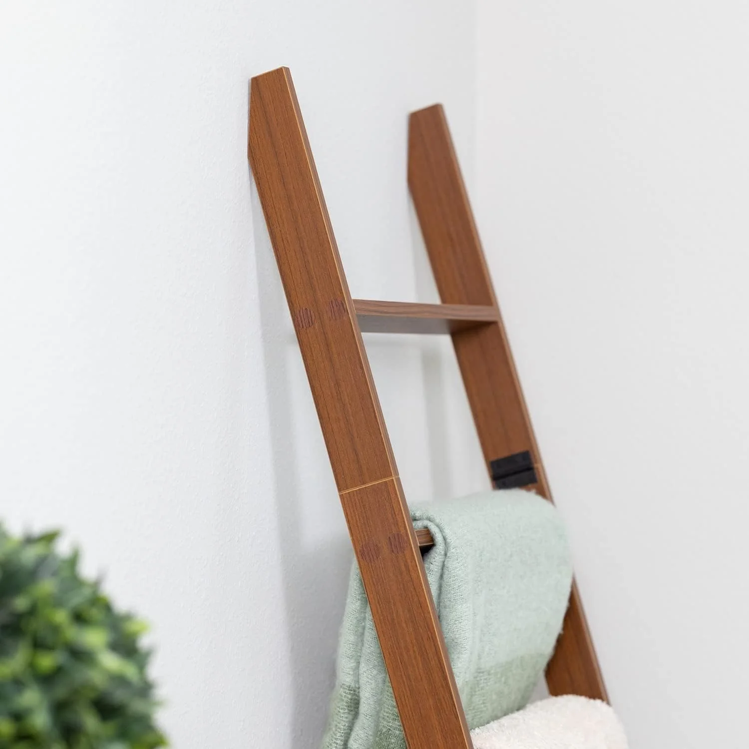 Blanket Ladder for Living Room and Bedroom, 6-Tier Wall Leaning Laminate Snag Free Construction (Brown) Rustic Decorative Farmhouse Blanket Storage, Quilt Rack, Ladder Shelf, Easy Assembly - Retail $48 - Image 2